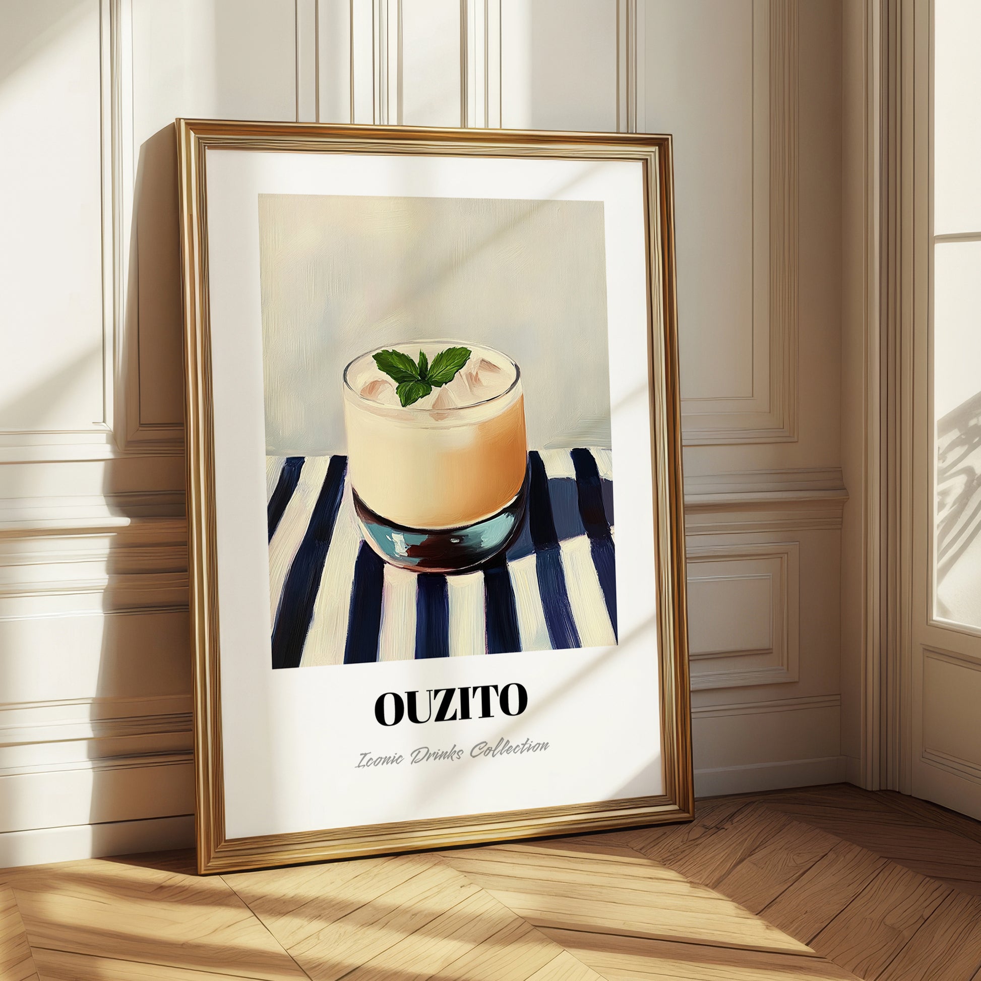 Ouzito – on Striped Tablecloth, Greek Cocktail Wall Decor