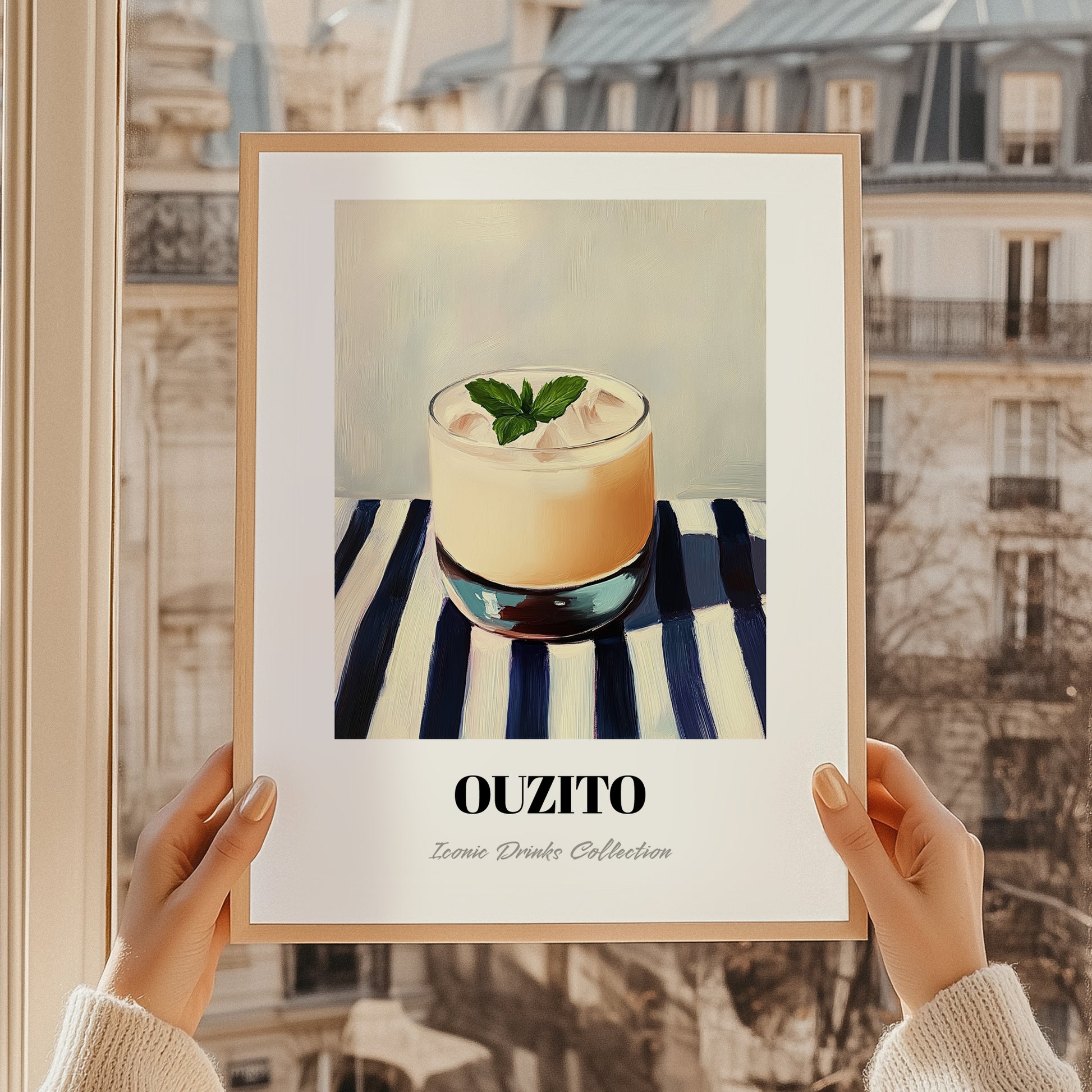 Ouzito – on Striped Tablecloth, Greek Cocktail Wall Decor, styled in a charming Paris street view