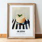 Ouzito – on Striped Tablecloth, Greek Cocktail Wall Decor, in wooden frame leaning on the floor