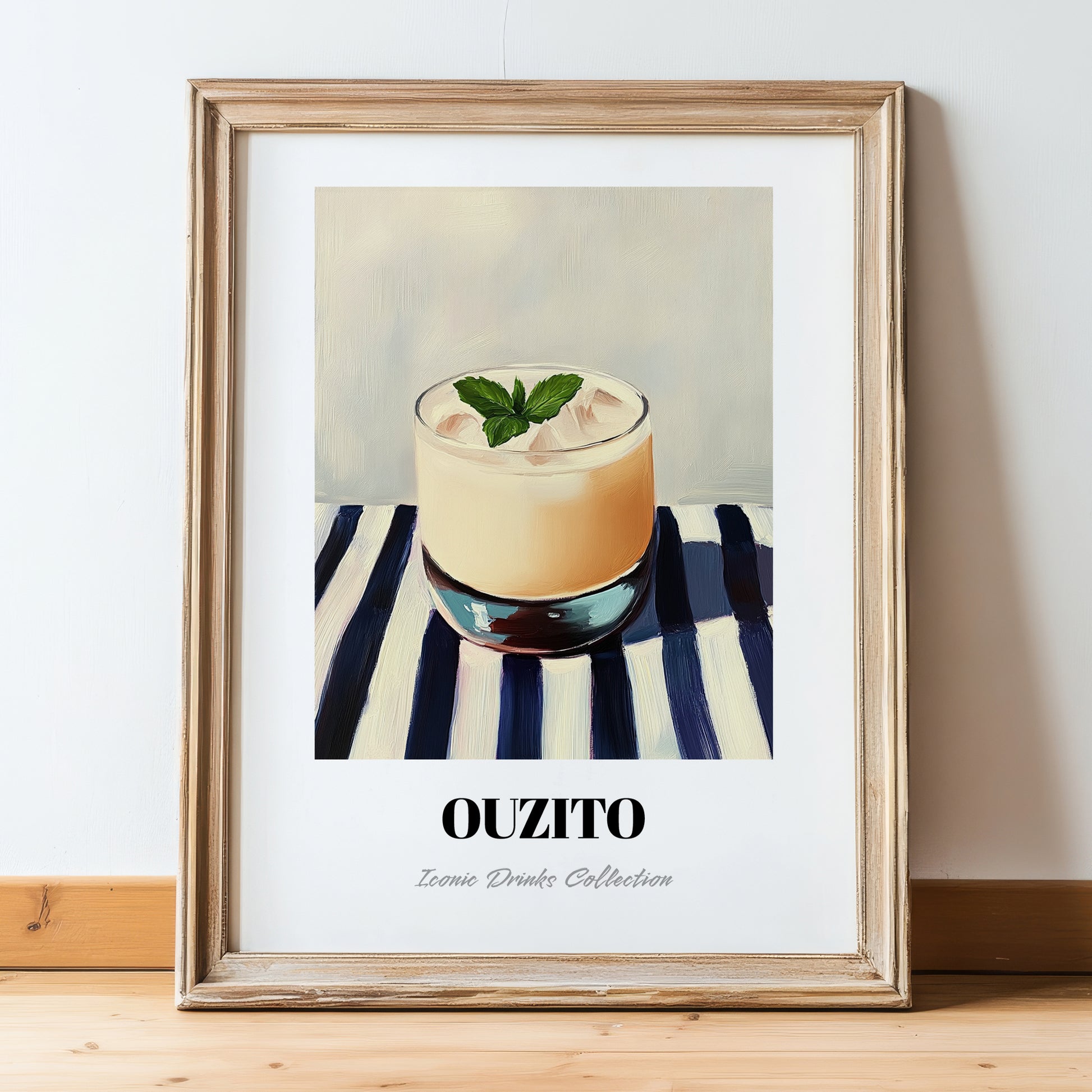 Ouzito – on Striped Tablecloth, Greek Cocktail Wall Decor, in wooden frame leaning on the floor