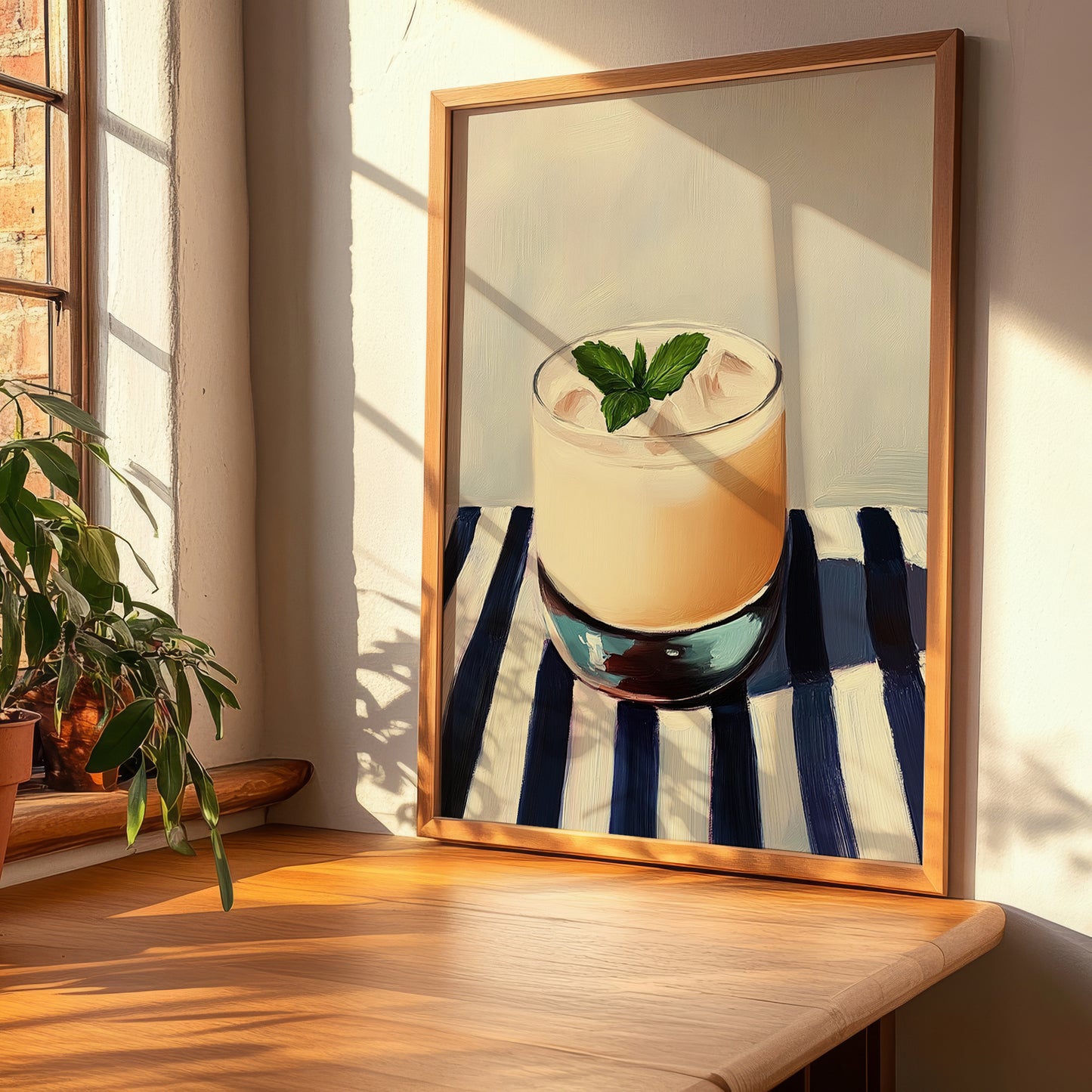 Ouzito – on Striped Tablecloth, Greek Cocktail Wall Decor, clean layout with no caption