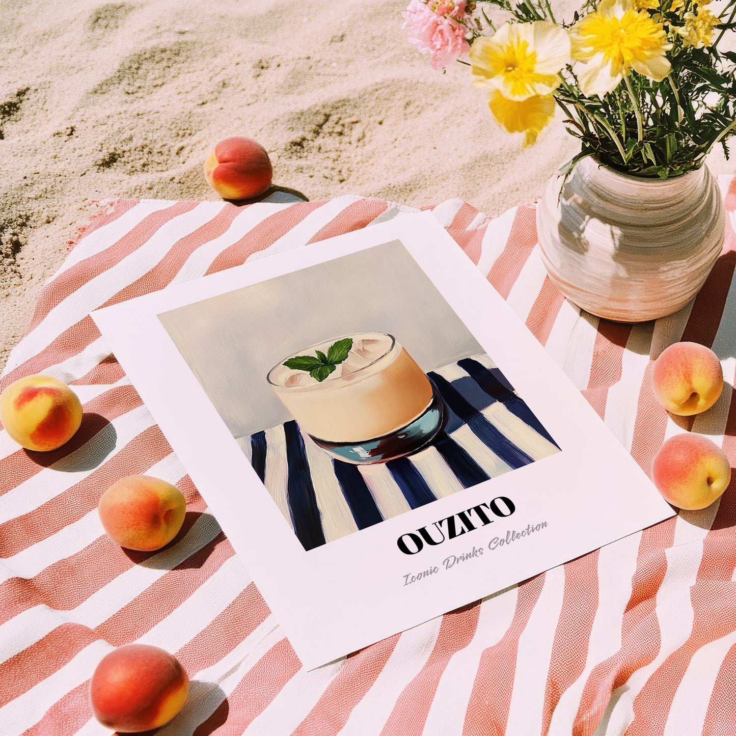 Ouzito – on Striped Tablecloth, Greek Cocktail Wall Decor, unframed on coastal sand