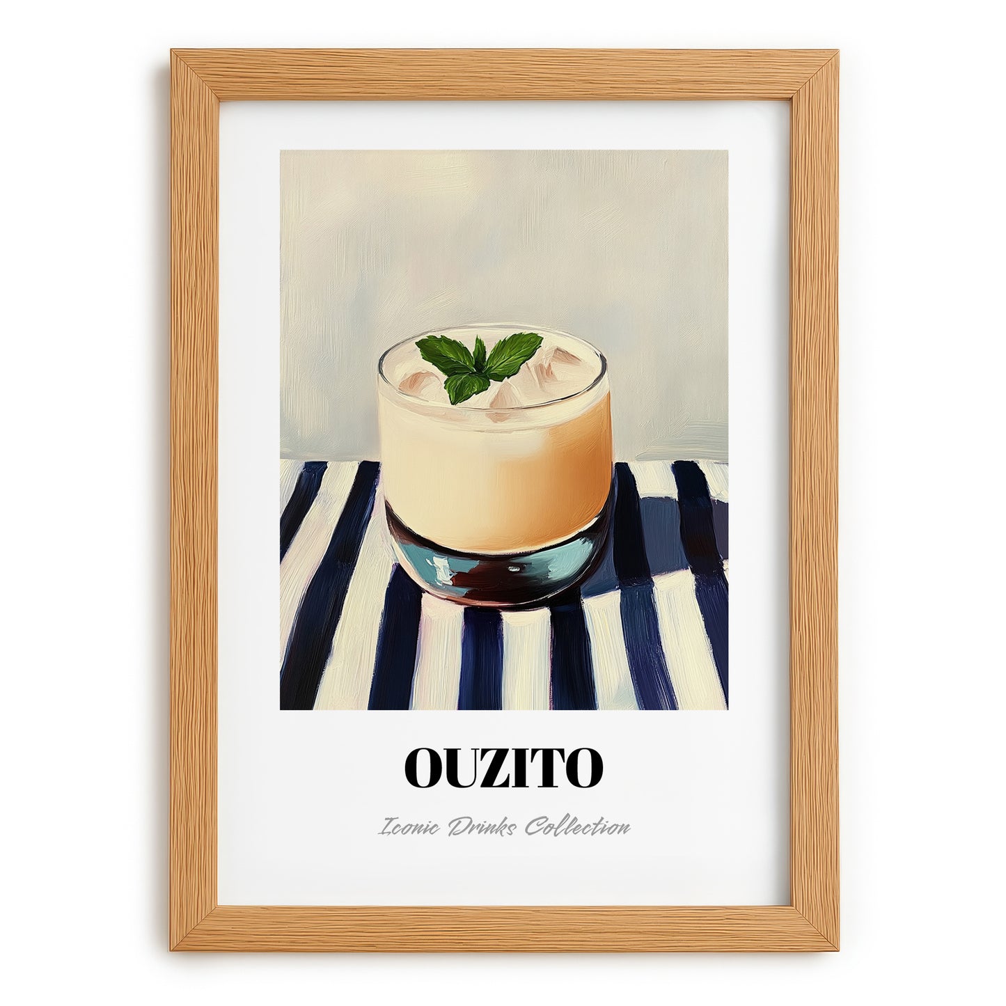 Ouzito – on Striped Tablecloth, Greek Cocktail Wall Decor, set in oak frame