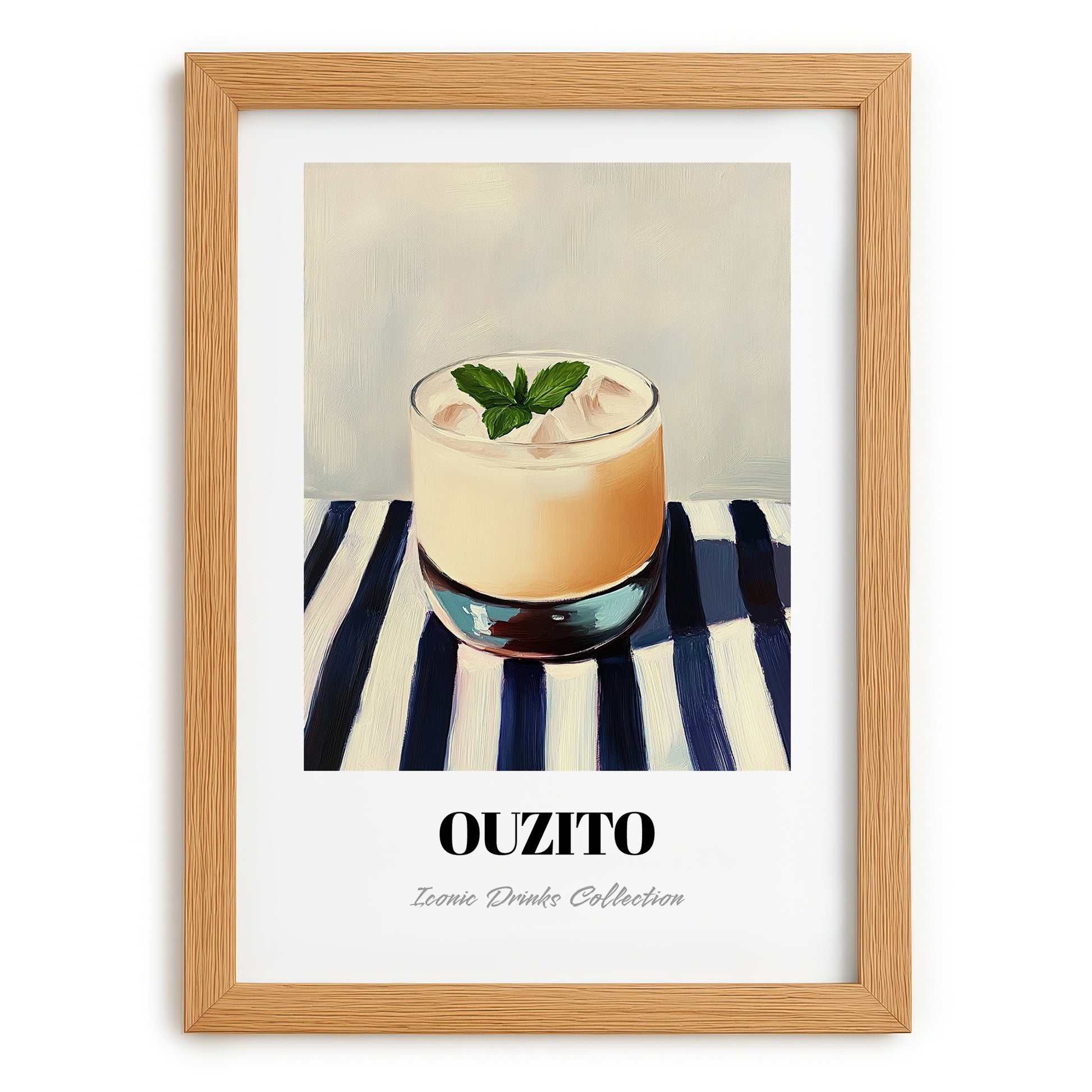 Ouzito – on Striped Tablecloth, Greek Cocktail Wall Decor, set in oak frame