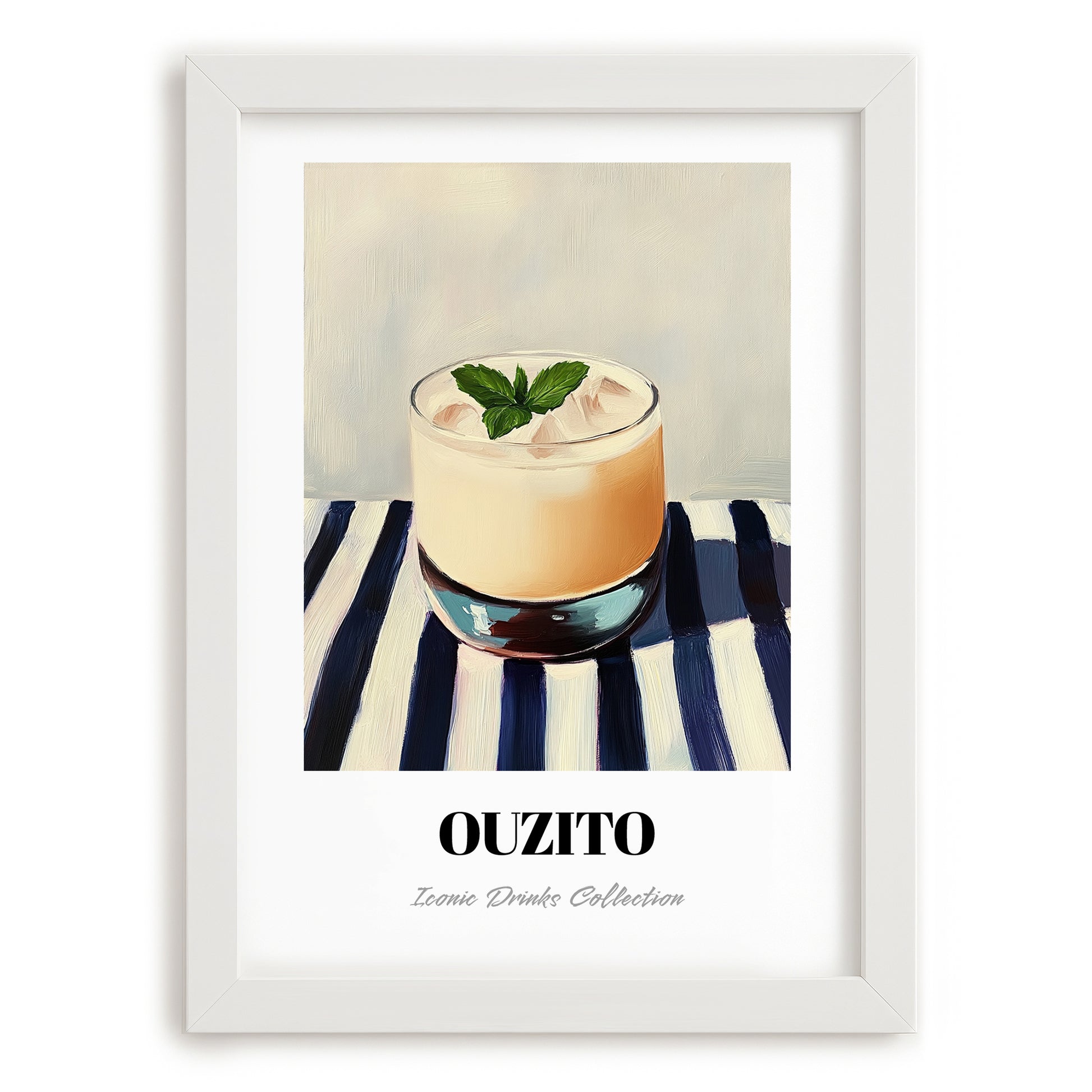 Ouzito – on Striped Tablecloth, Greek Cocktail Wall Decor, placed in minimal white frame