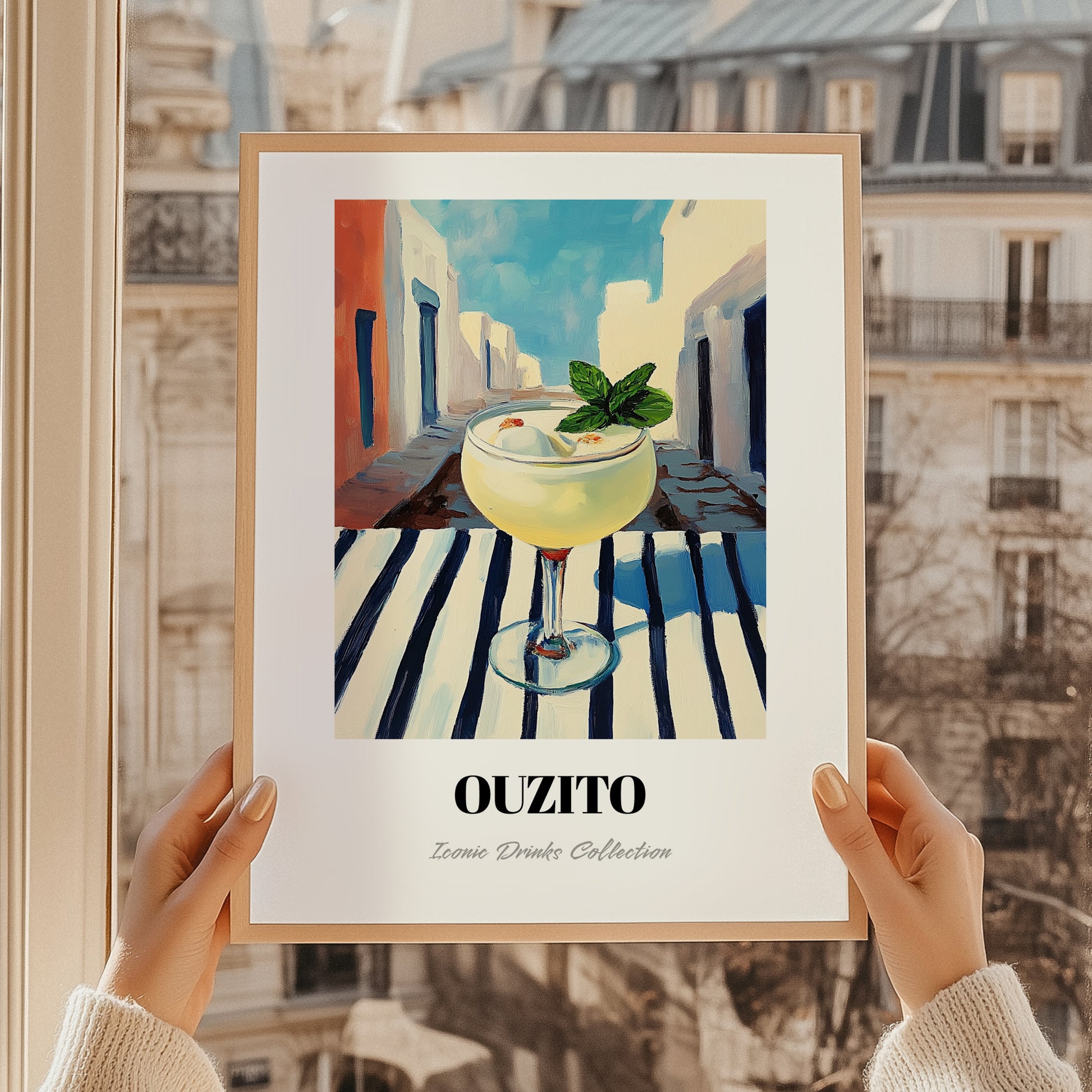 Ouzito – Greek Urban Café Scene, Greek Cocktail Illustration, styled in a charming Paris street view
