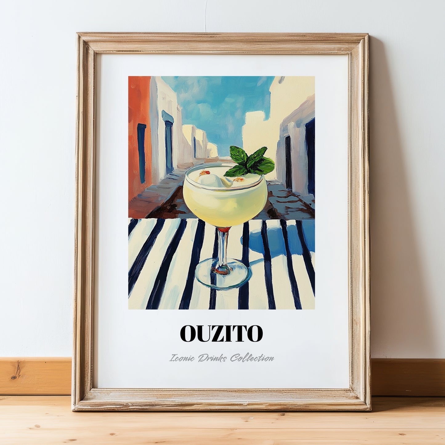 Ouzito – Greek Urban Café Scene, Greek Cocktail Illustration, in wooden frame leaning on the floor
