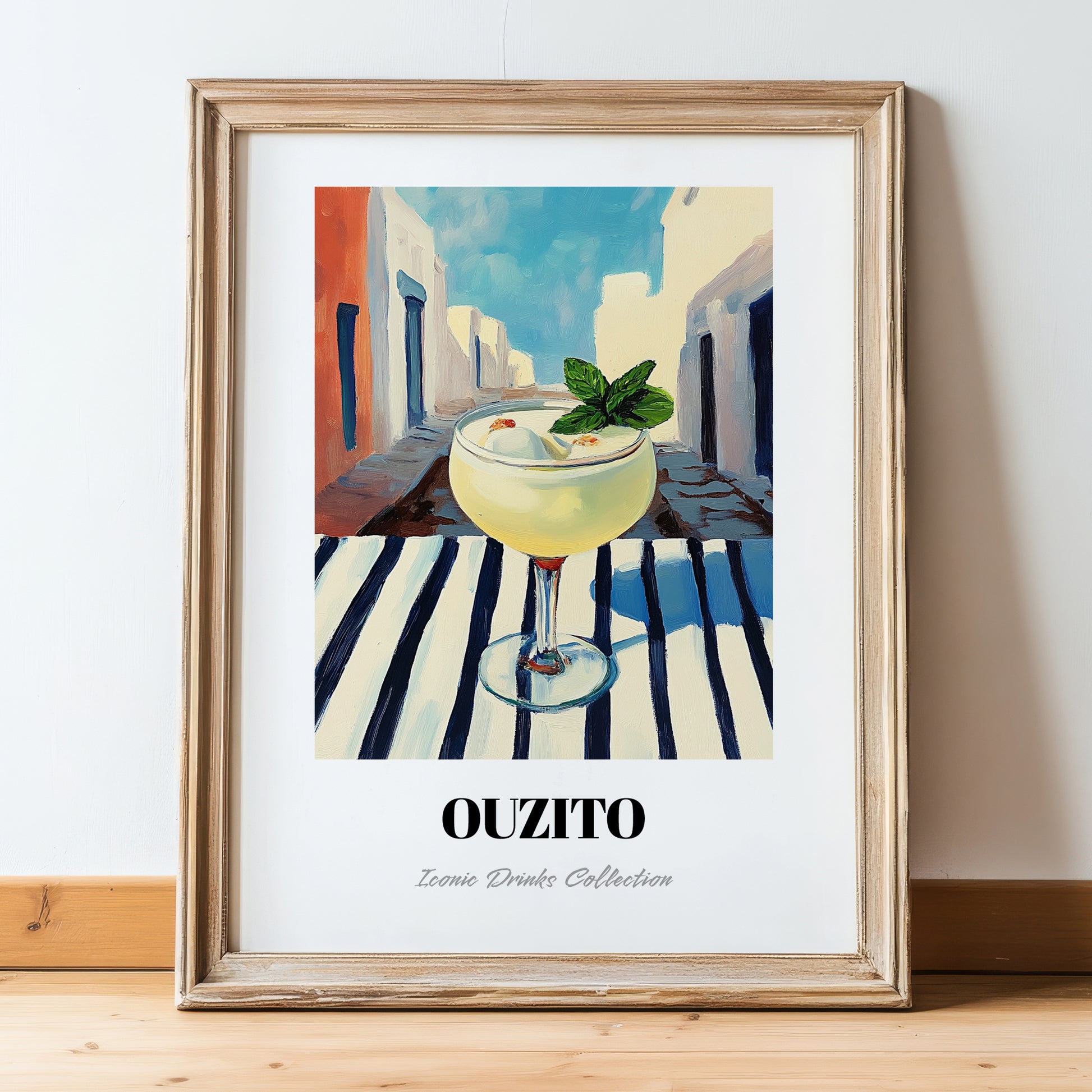 Ouzito – Greek Urban Café Scene, Greek Cocktail Illustration, in wooden frame leaning on the floor