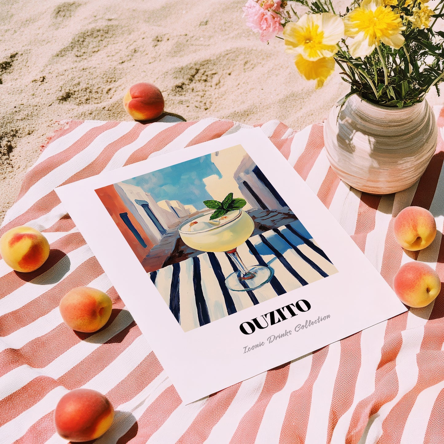 Ouzito – Greek Urban Café Scene, Greek Cocktail Illustration, unframed on coastal sand