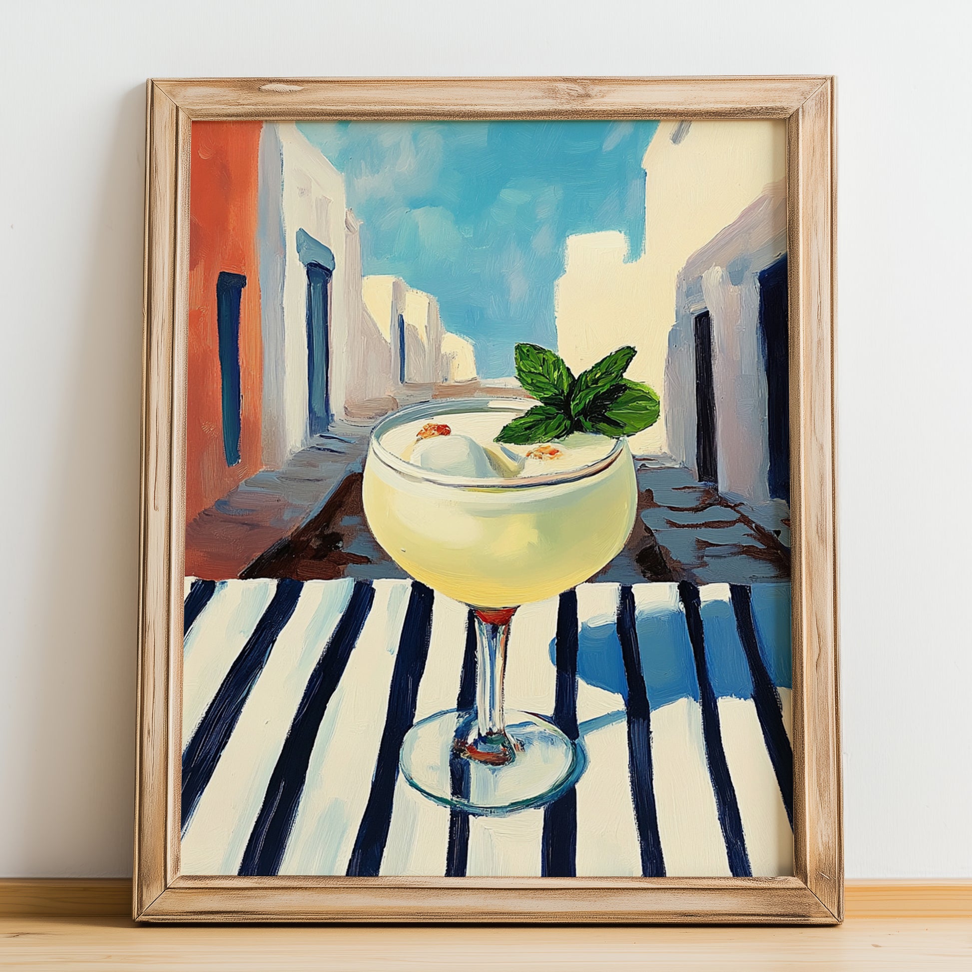 Ouzito – Greek Urban Café Scene, Greek Cocktail Illustration, no-text version framed in wood