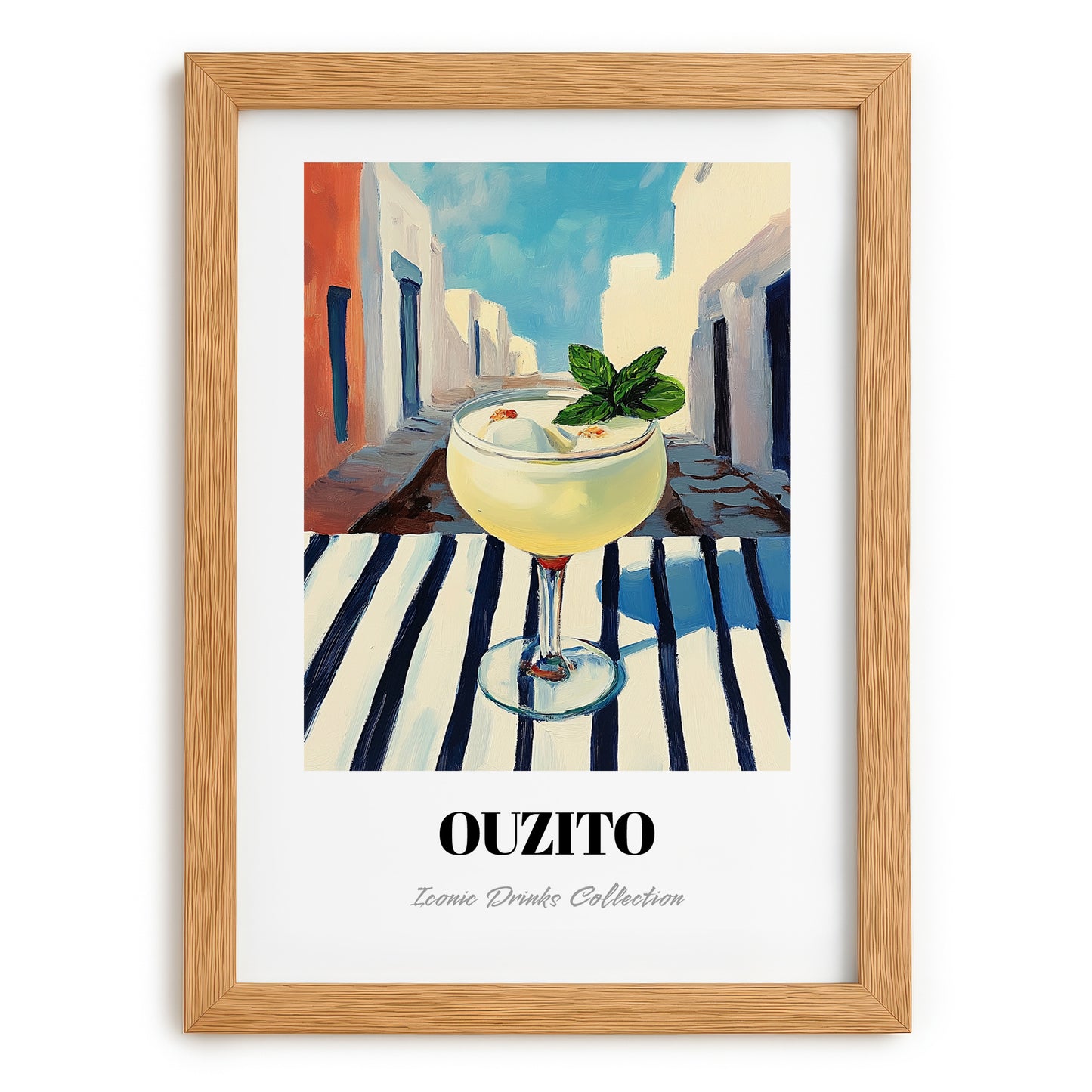 Ouzito – Greek Urban Café Scene, Greek Cocktail Illustration, set in oak frame