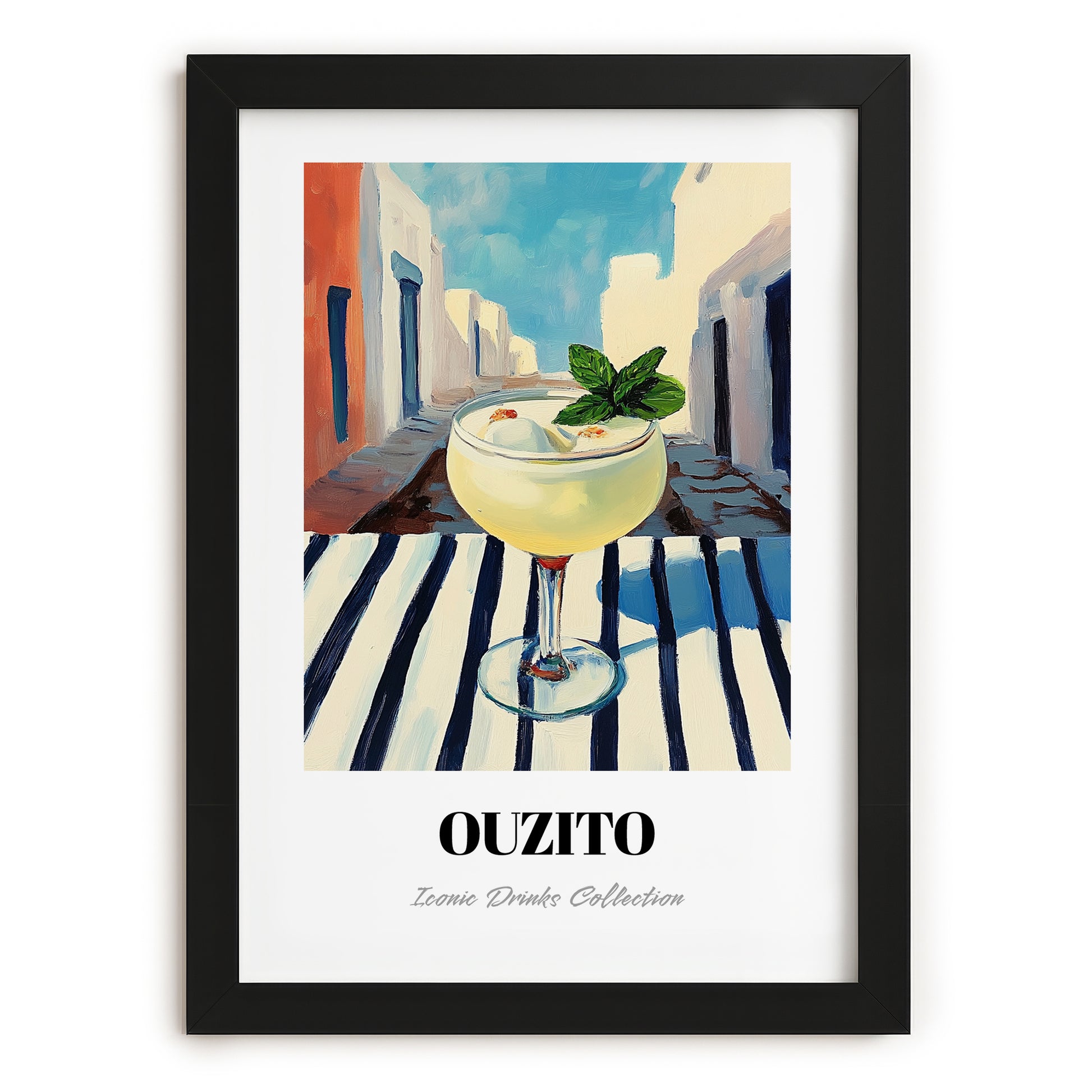 Ouzito – Greek Urban Café Scene, Greek Cocktail Illustration, in sleek black frame