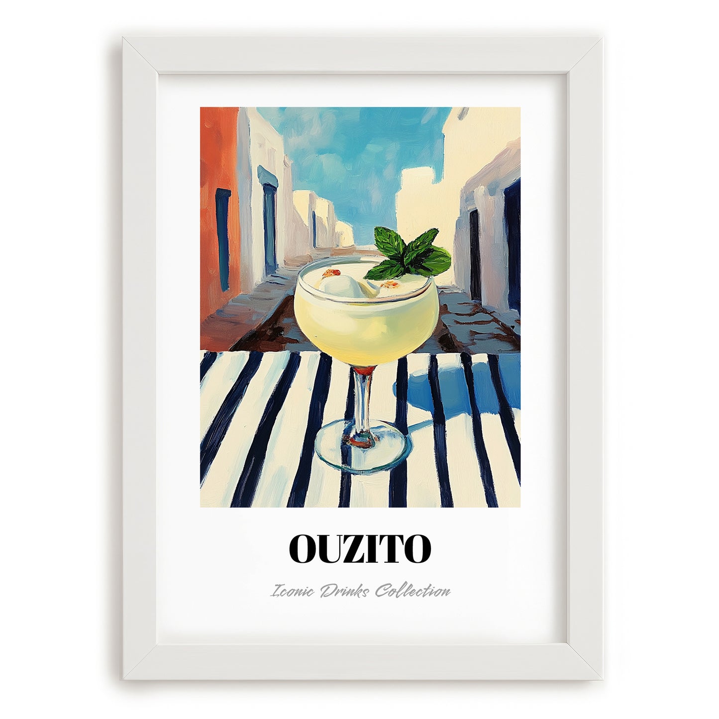 Ouzito – Greek Urban Café Scene, Greek Cocktail Illustration, placed in minimal white frame