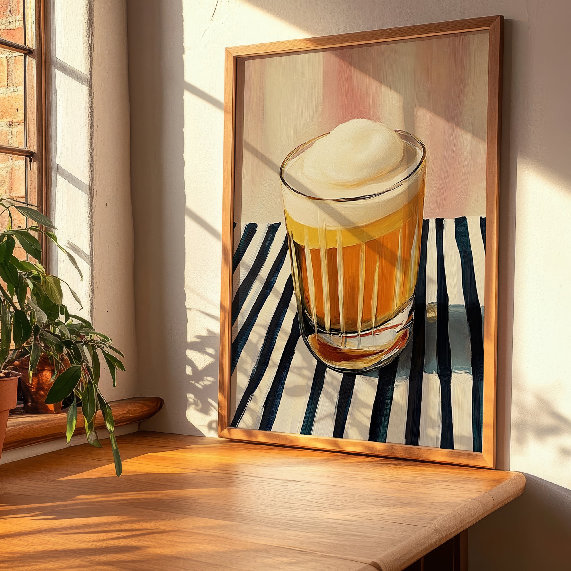Metaxa Sour – on Striped Tablecloth, Greek Cocktail Wall Art, clean layout with no caption