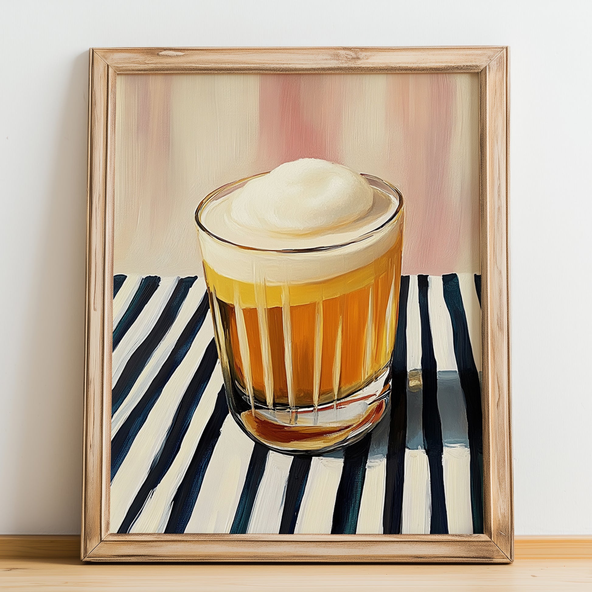 Metaxa Sour – on Striped Tablecloth, Greek Cocktail Wall Art, no-text version framed in wood
