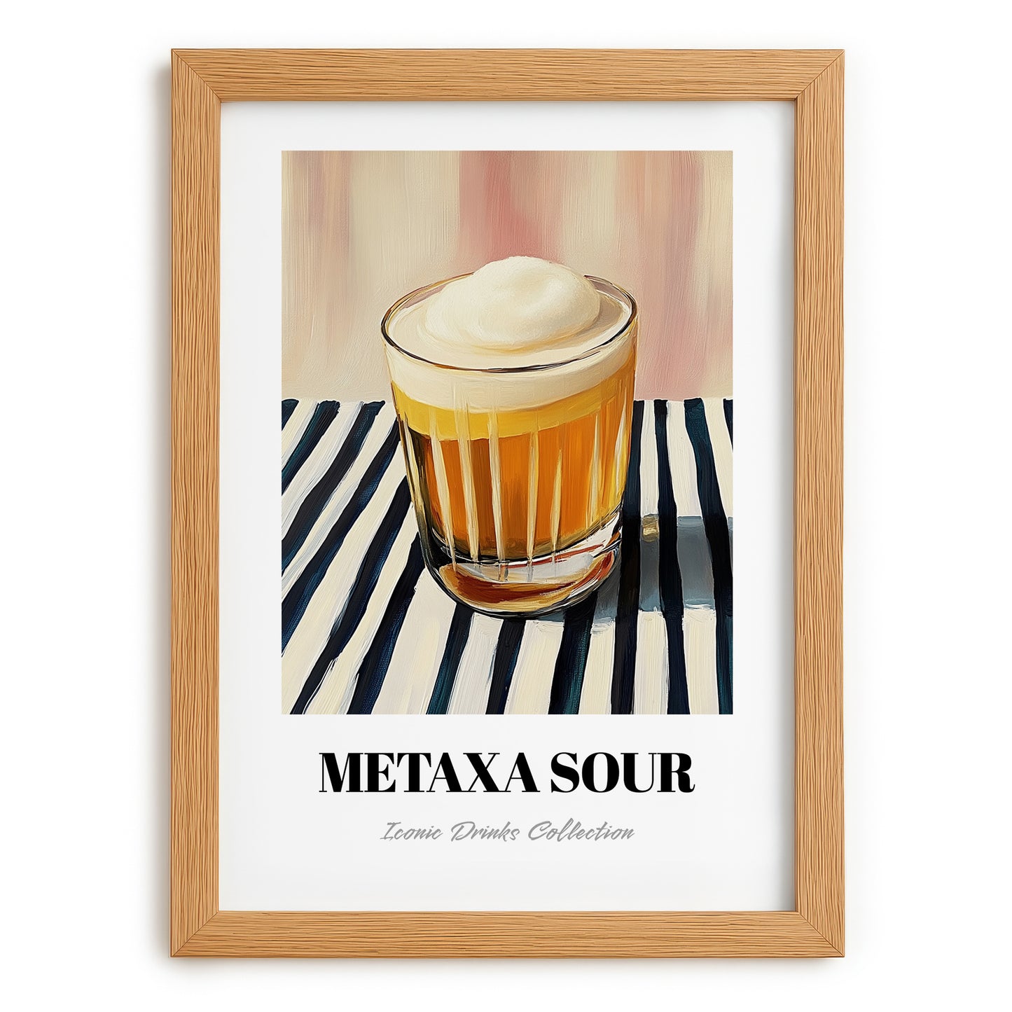 Metaxa Sour – on Striped Tablecloth, Greek Cocktail Wall Art, set in oak frame