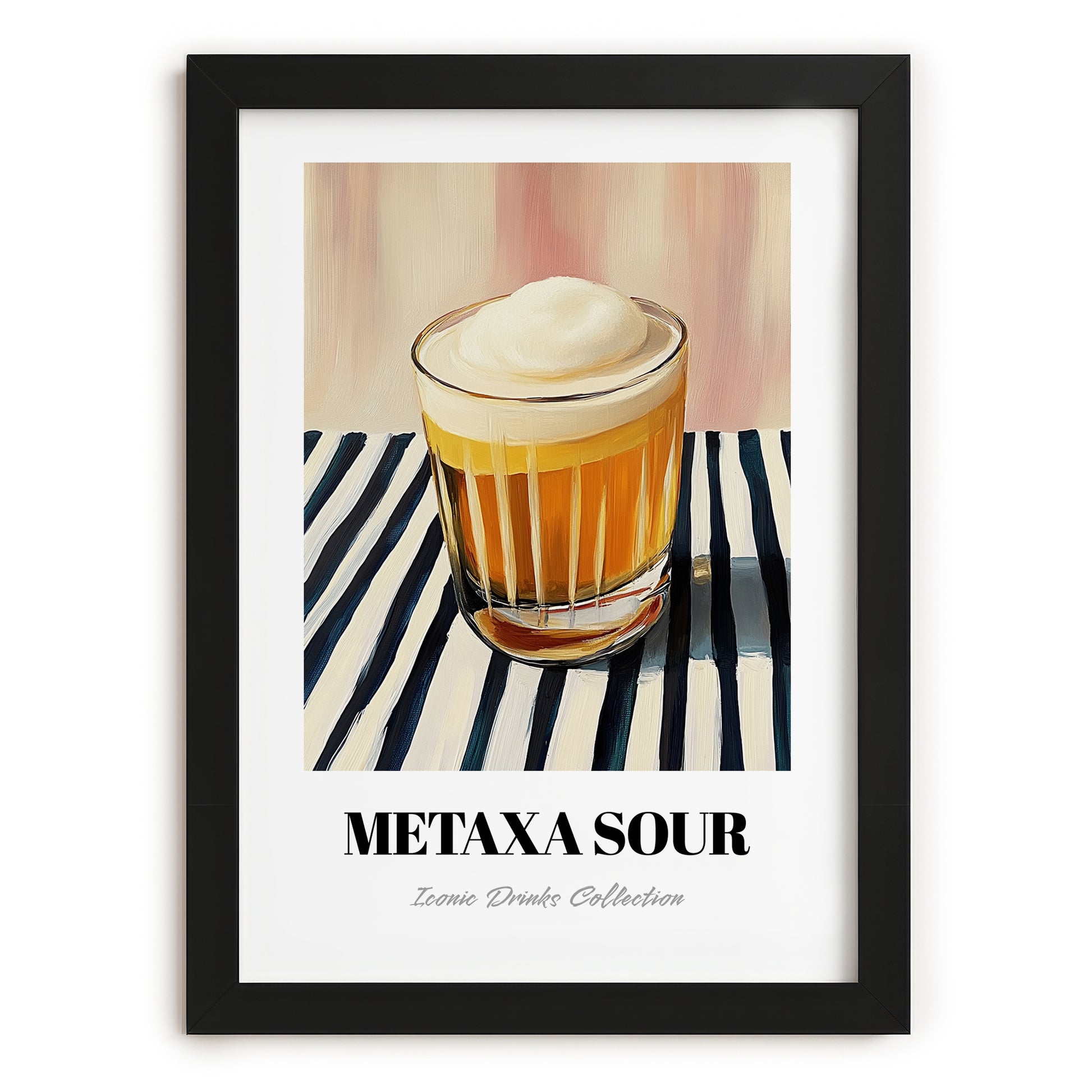 Metaxa Sour – on Striped Tablecloth, Greek Cocktail Wall Art, in sleek black frame