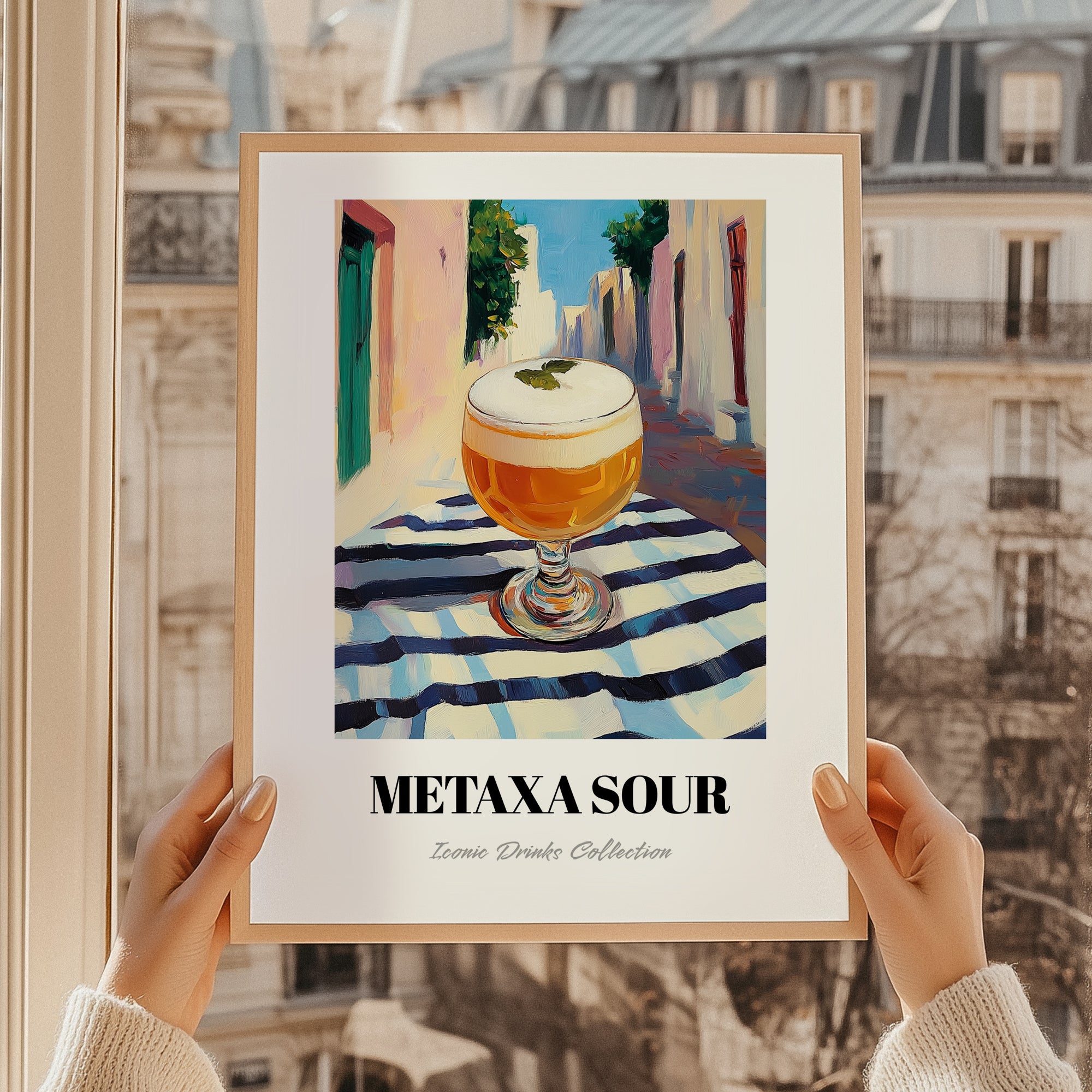 Metaxa Sour – Greek Street Café Scene, Greek Cocktail Art, styled in a charming Paris street view