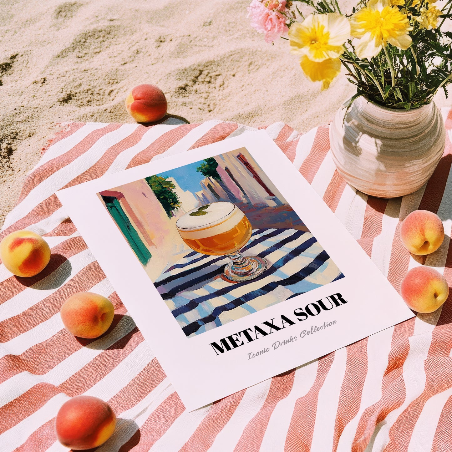 Metaxa Sour – Greek Street Café Scene, Greek Cocktail Art, unframed on coastal sand