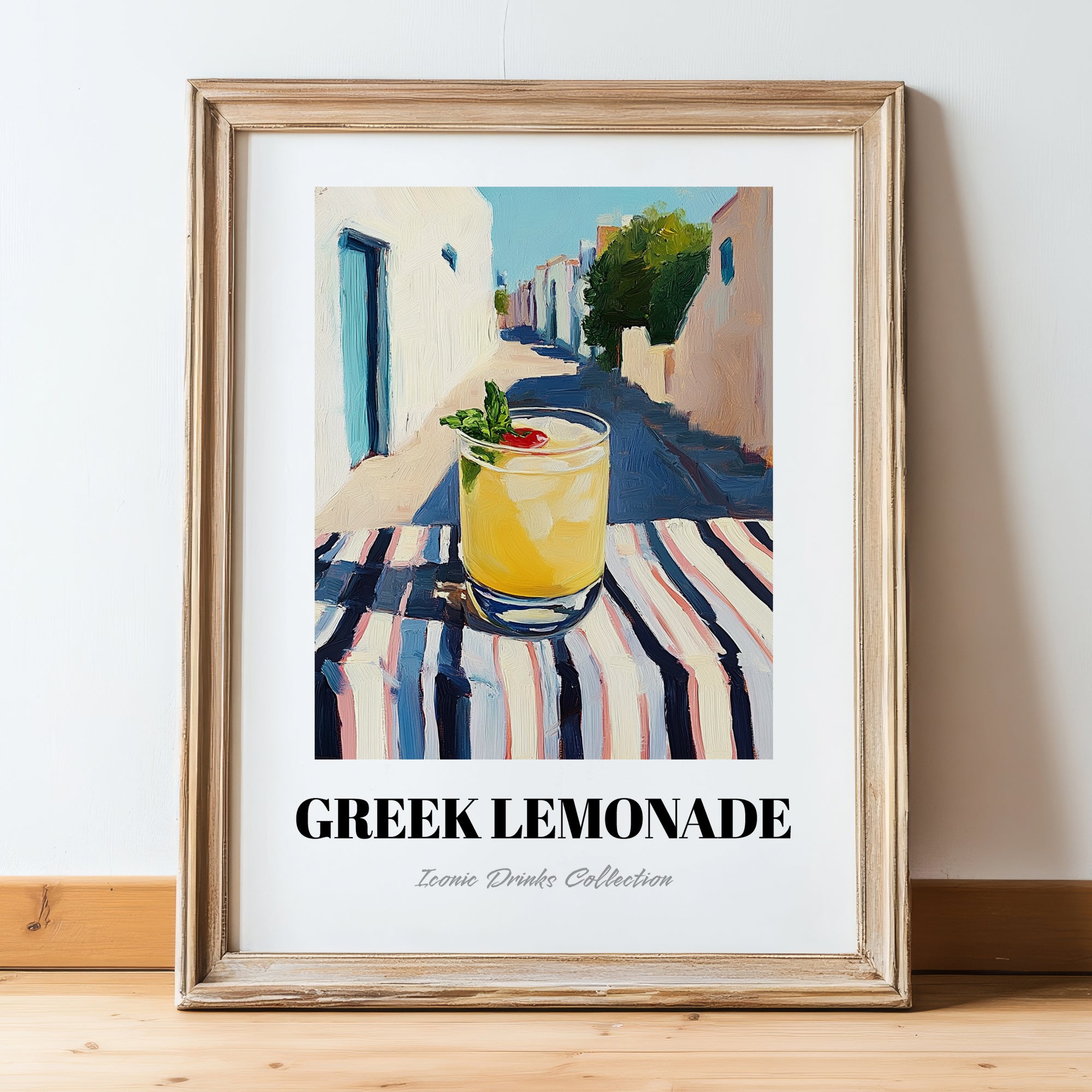 Greek Lemonade – Greek Outdoor Café Scene, Greek Lemonade Wall Poster, in wooden frame leaning on the floor