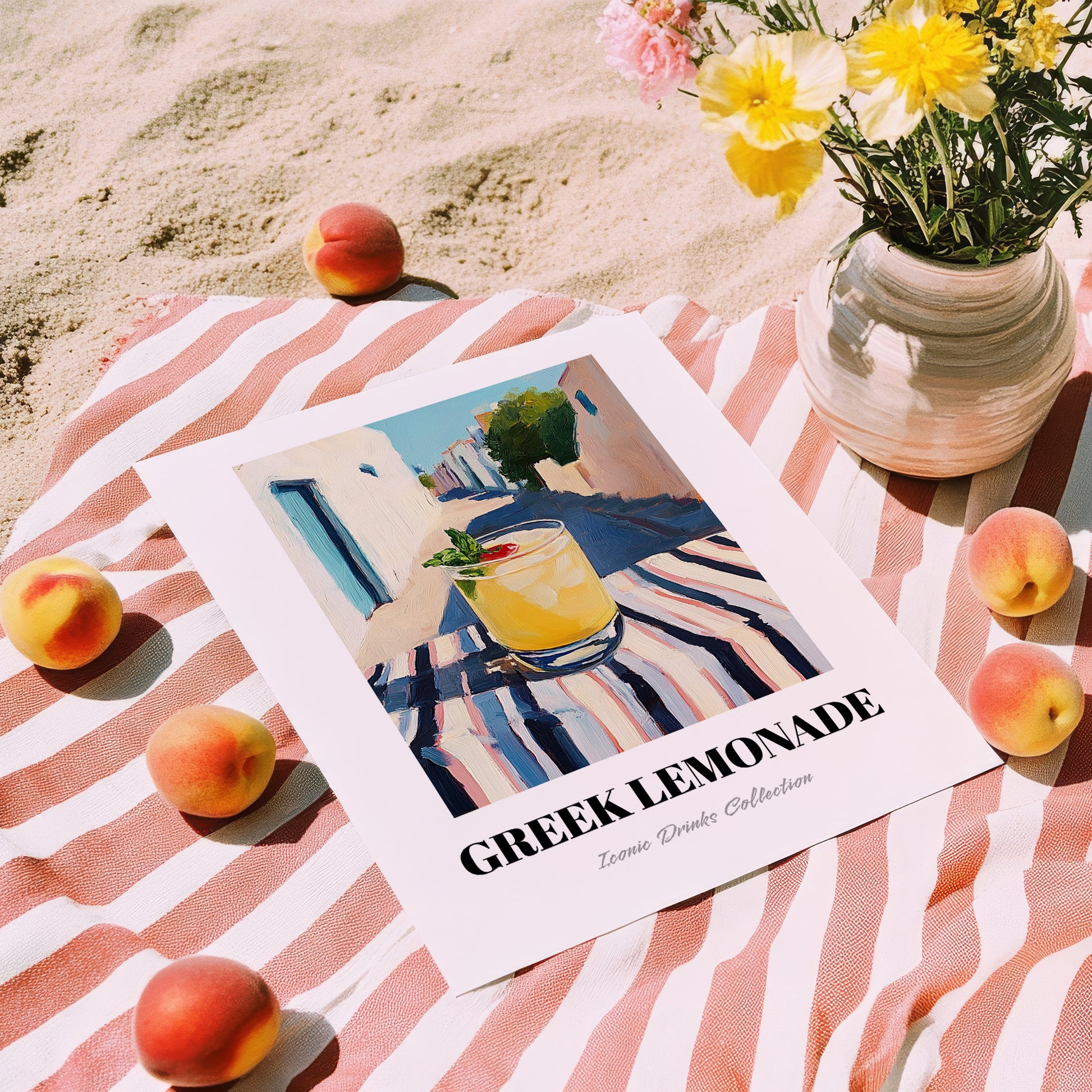 Greek Lemonade – Greek Outdoor Café Scene, Greek Lemonade Wall Poster, unframed on coastal sand