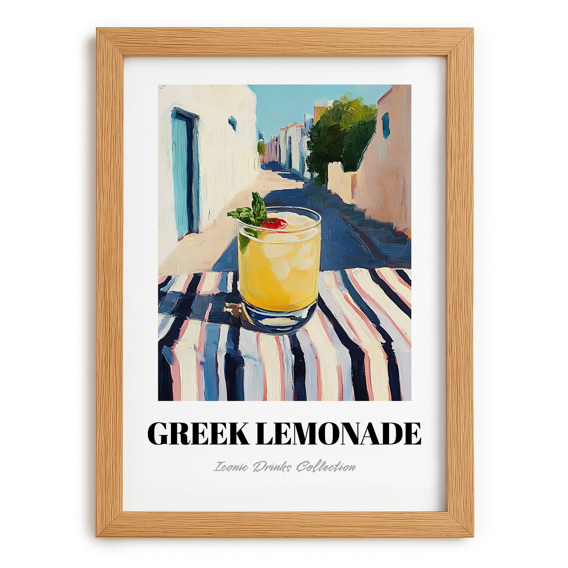 Greek Lemonade – Greek Outdoor Café Scene, Greek Lemonade Wall Poster, set in oak frame