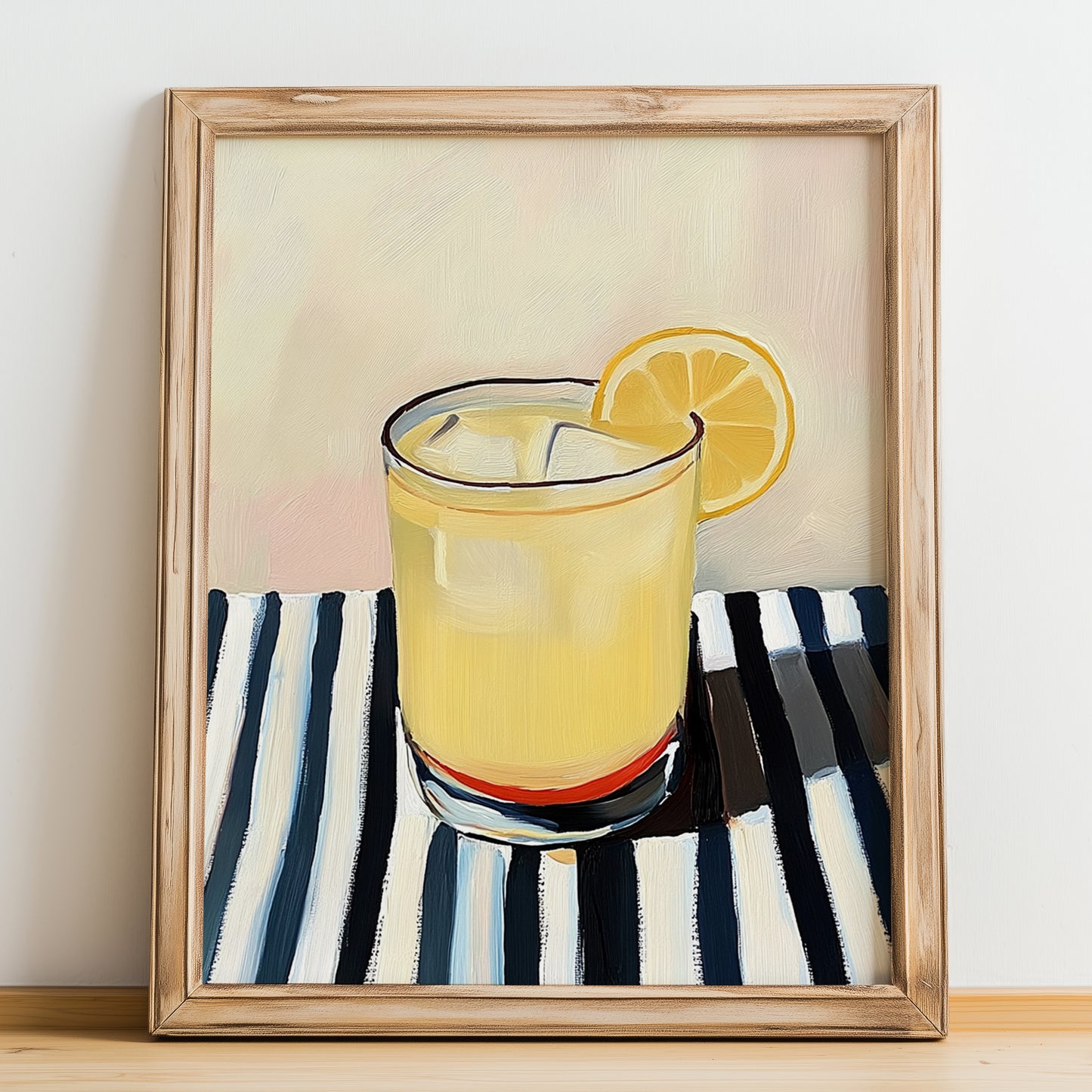 Greek Lemonade – on Striped Tablecloth, Greek Lemonade Still Life, no-text version framed in wood