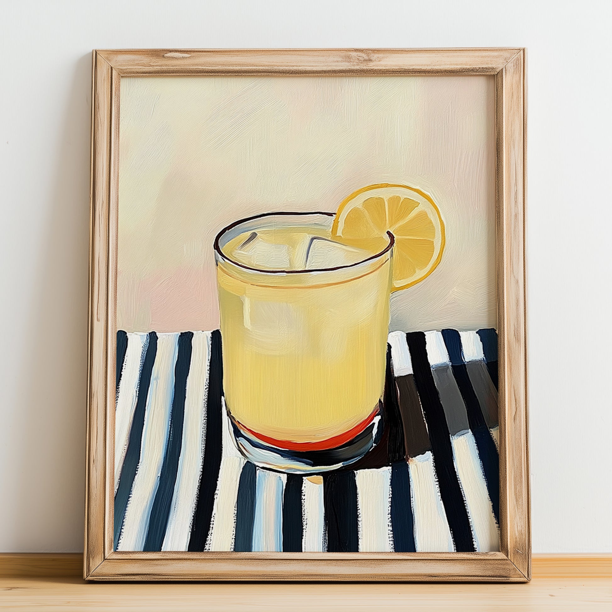 Greek Lemonade – on Striped Tablecloth, Greek Lemonade Still Life, no-text version framed in wood