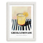 Greek Lemonade – on Striped Tablecloth, Greek Lemonade Still Life, placed in minimal white frame