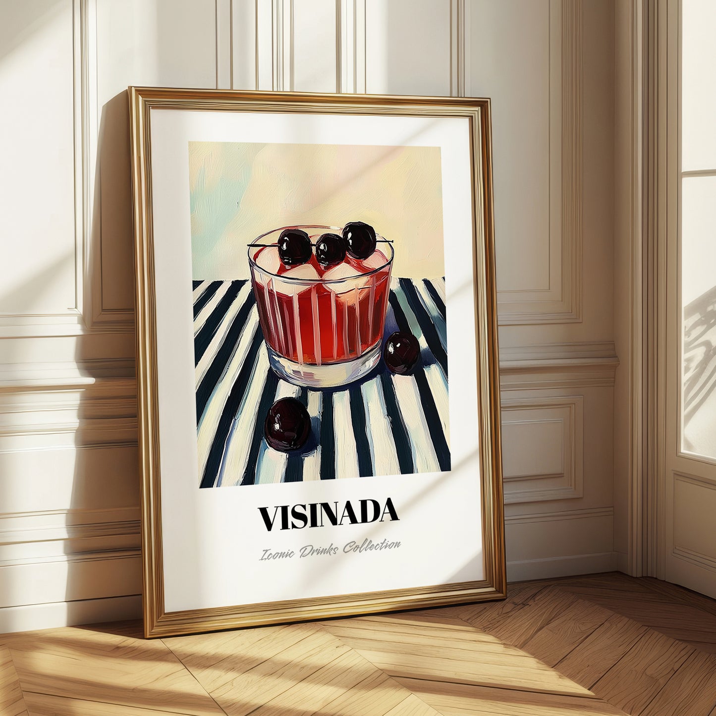 Visinada – on Striped Tablecloth, Greek Beverage Poster