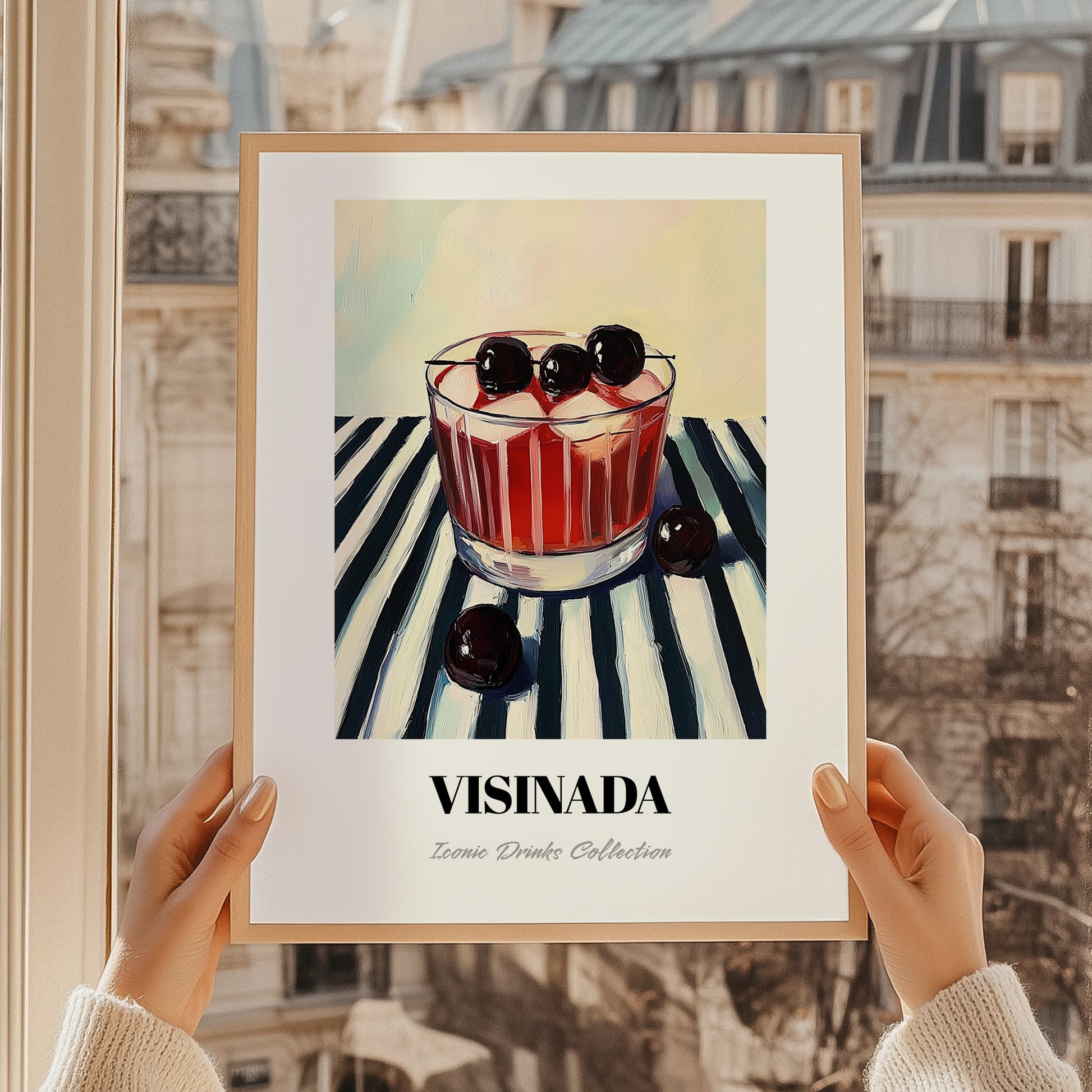 Visinada – on Striped Tablecloth, Greek Beverage Poster, styled in a charming Paris street view