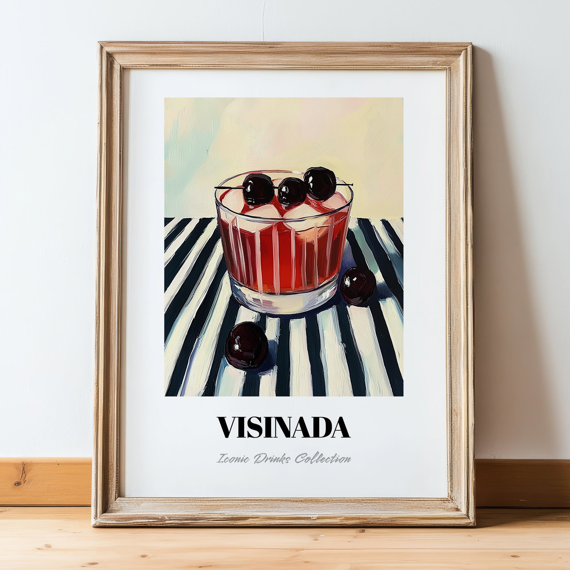 Visinada – on Striped Tablecloth, Greek Beverage Poster, in wooden frame leaning on the floor