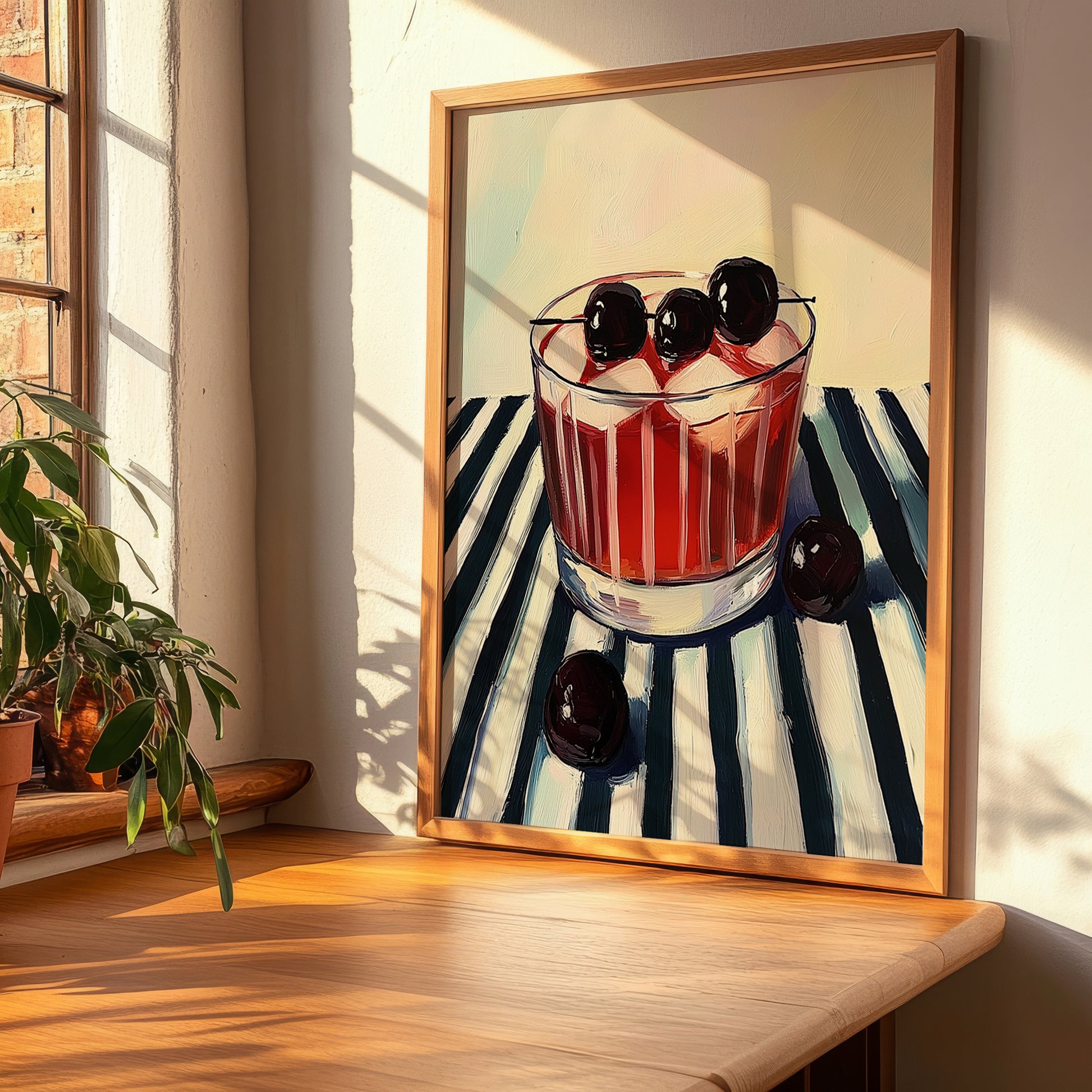 Visinada – on Striped Tablecloth, Greek Beverage Poster, clean layout with no caption