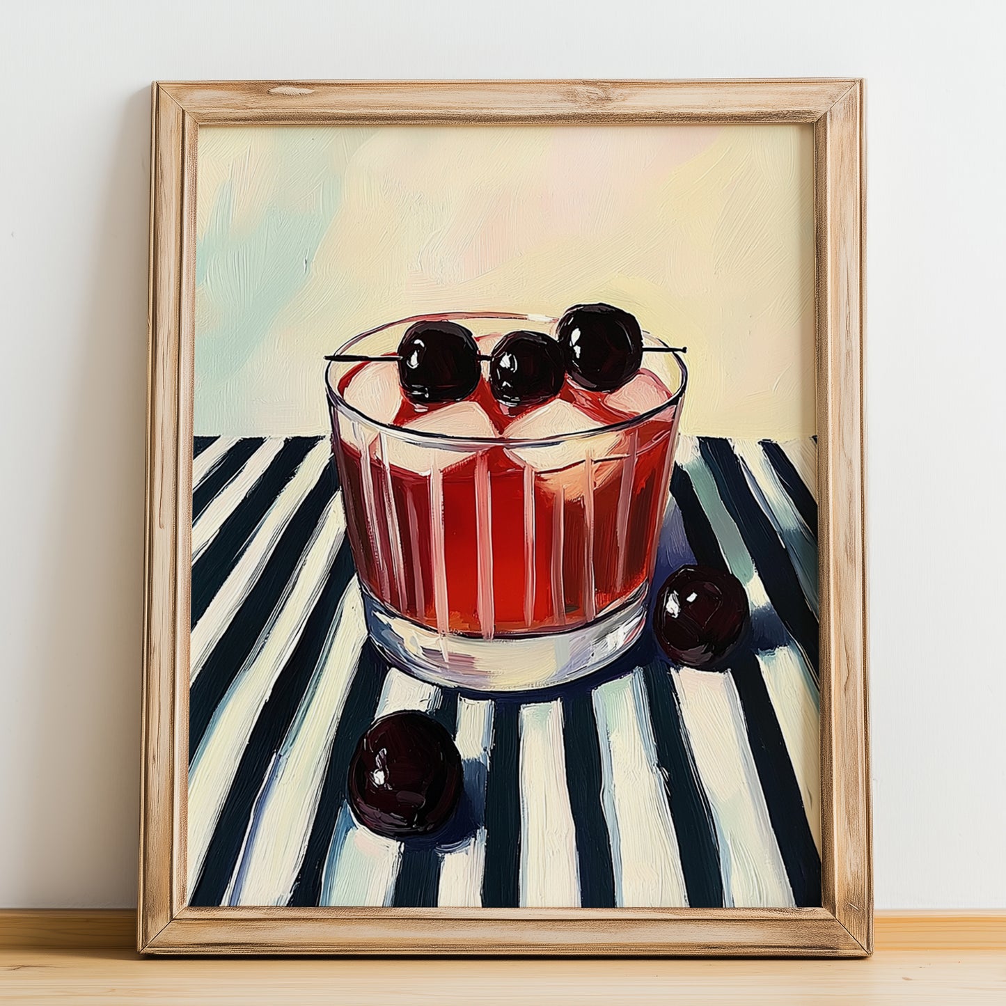 Visinada – on Striped Tablecloth, Greek Beverage Poster, no-text version framed in wood