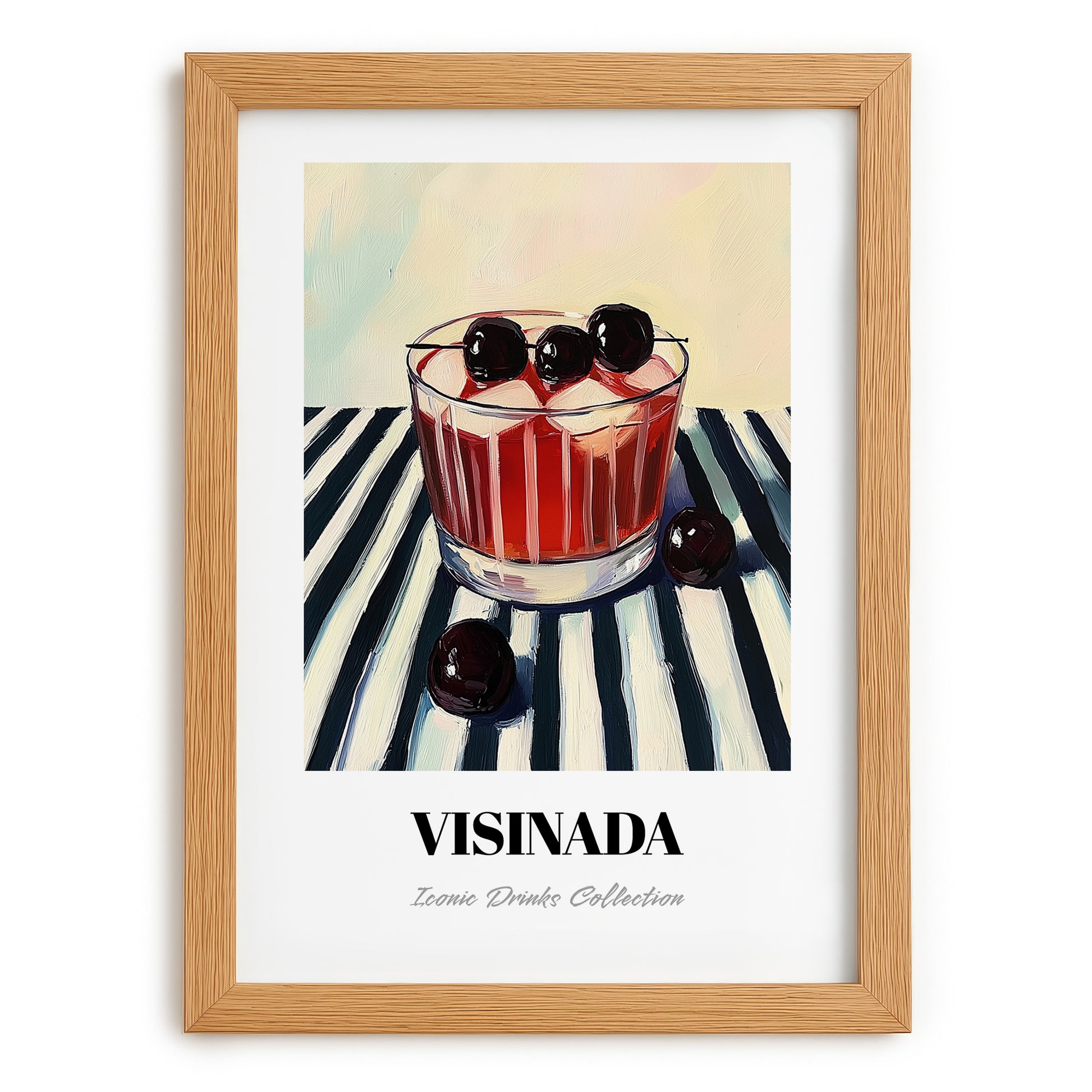 Visinada – on Striped Tablecloth, Greek Beverage Poster, set in oak frame