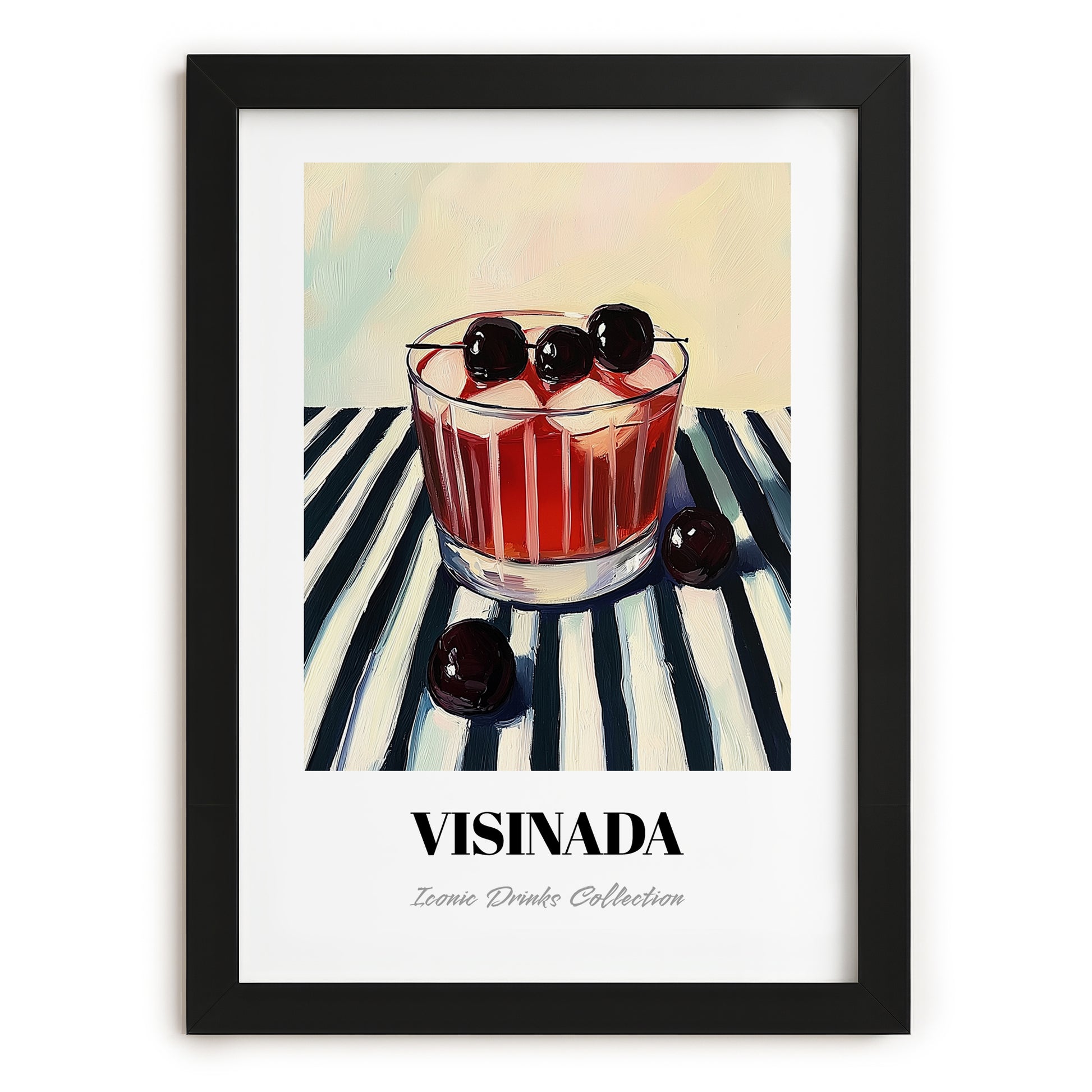 Visinada – on Striped Tablecloth, Greek Beverage Poster, in sleek black frame