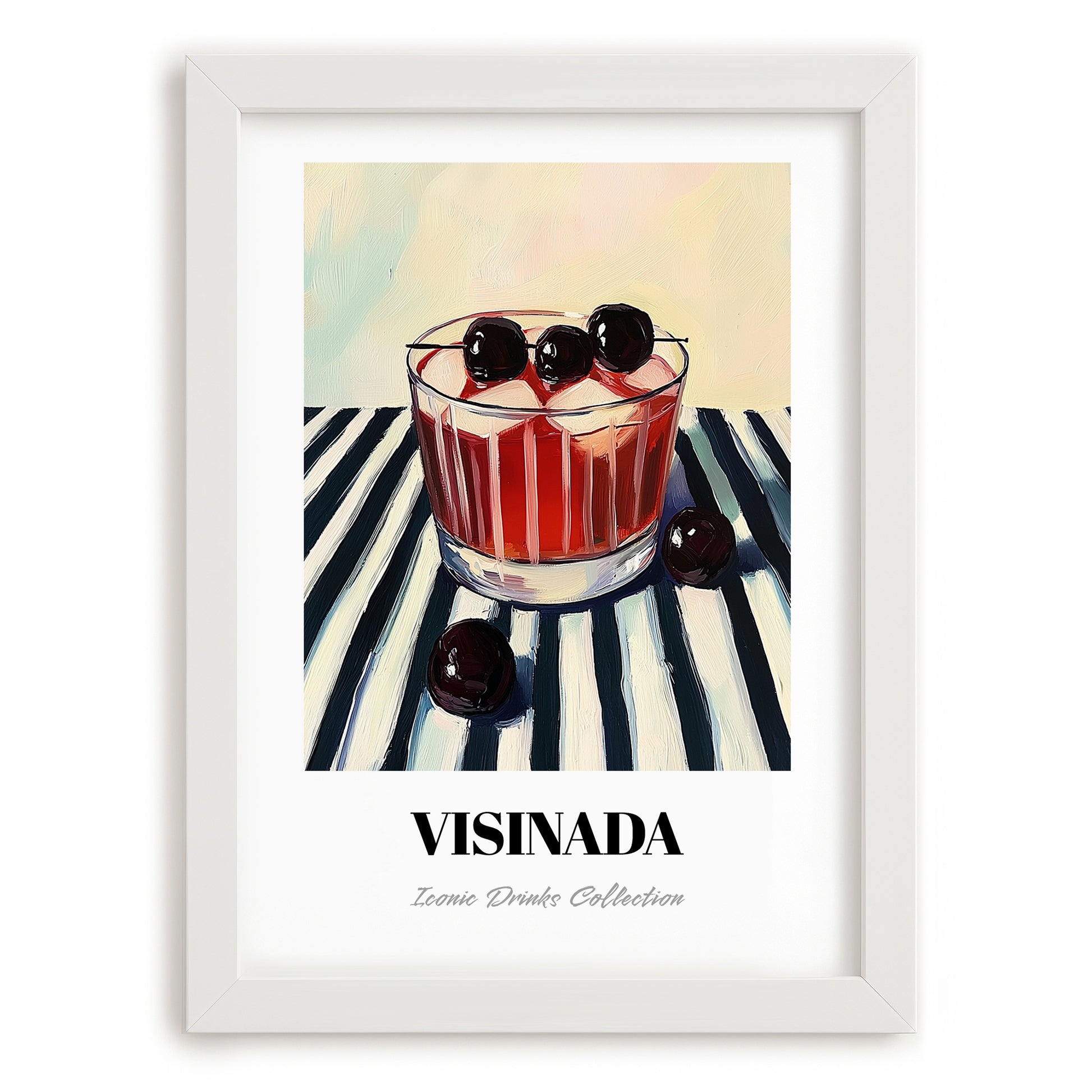 Visinada – on Striped Tablecloth, Greek Beverage Poster, placed in minimal white frame