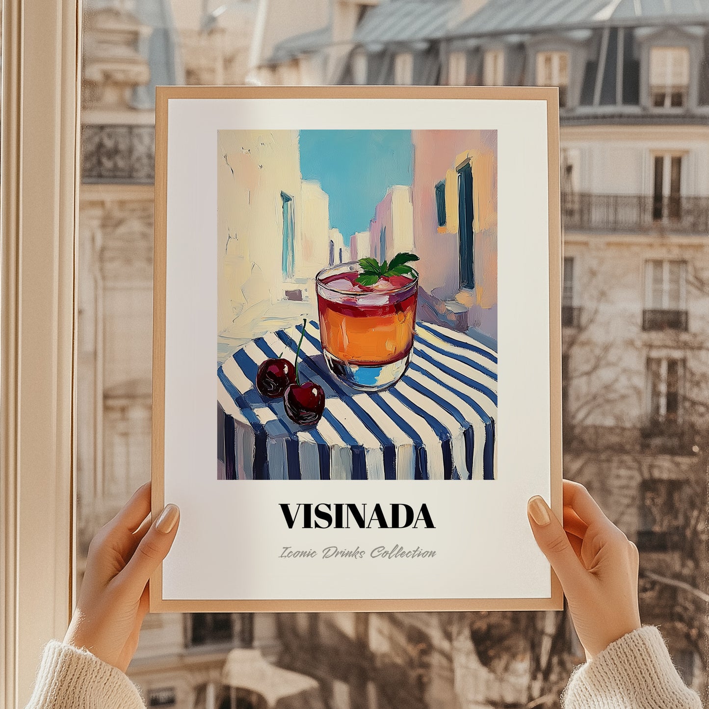 Visinada – Greek Urban Café Scene, Greek Beverage Wall Decor, styled in a charming Paris street view