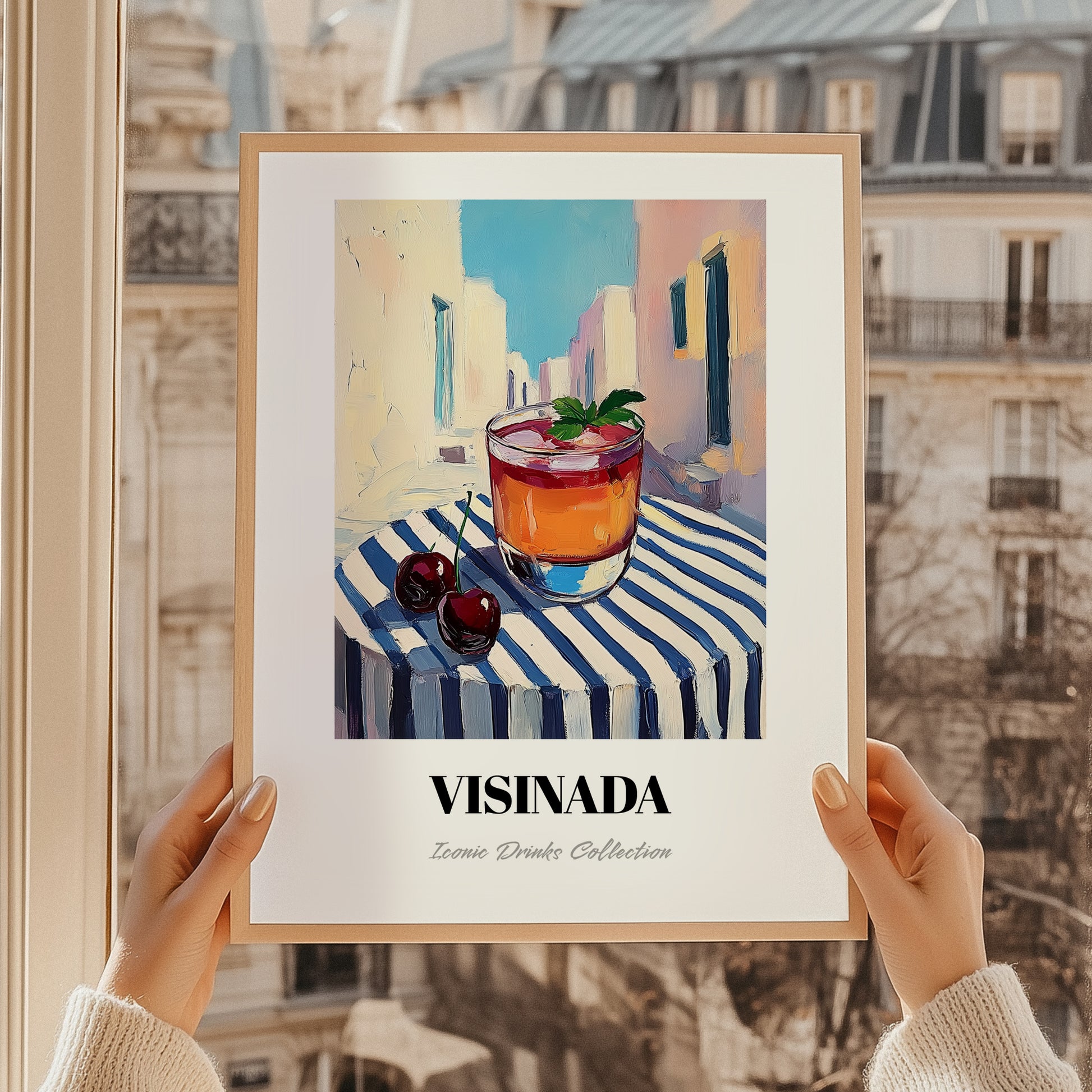 Visinada – Greek Urban Café Scene, Greek Beverage Wall Decor, styled in a charming Paris street view