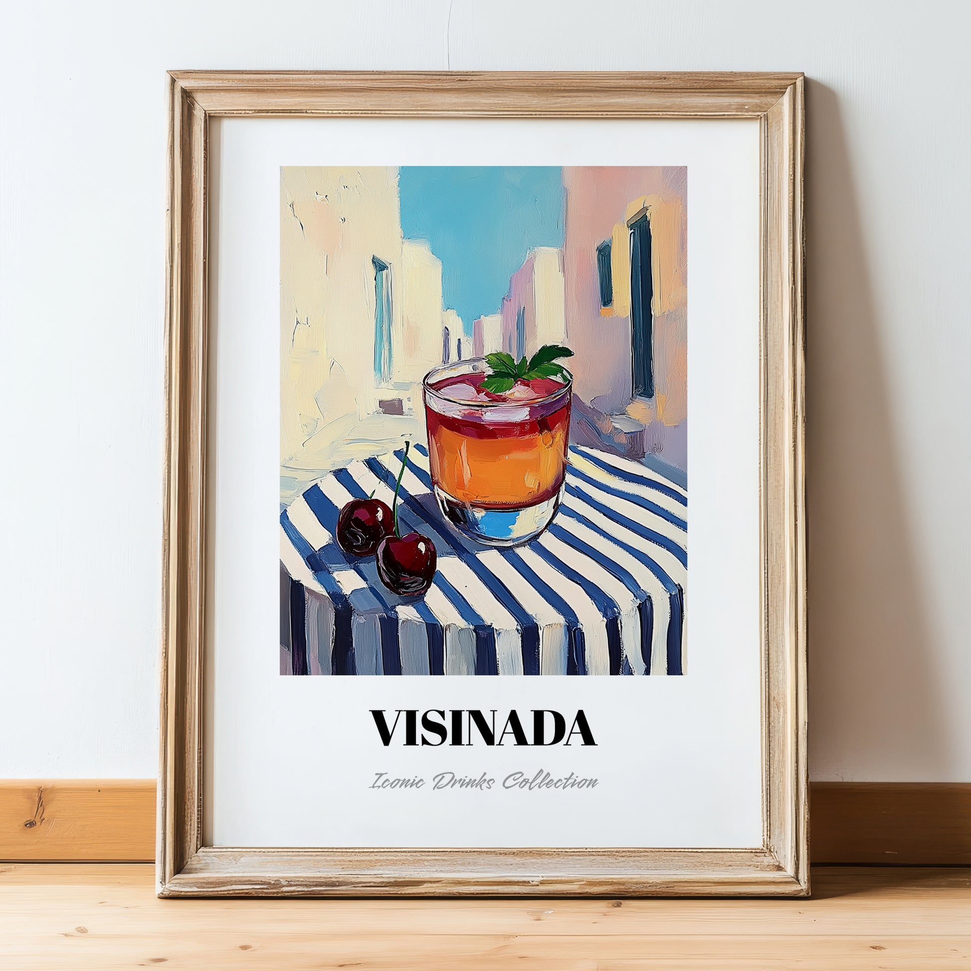 Visinada – Greek Urban Café Scene, Greek Beverage Wall Decor, in wooden frame leaning on the floor