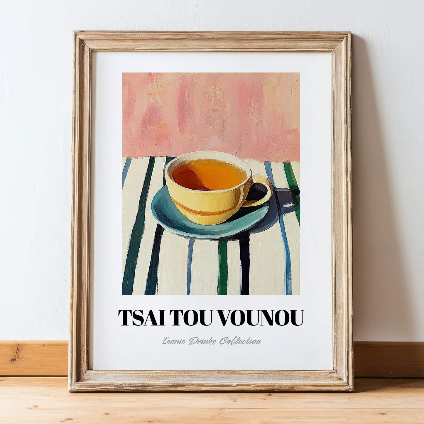 Tsai Tou Vounou Beverage – on Striped Tablecloth, Greek Beverage Still Life, in wooden frame leaning on the floor
