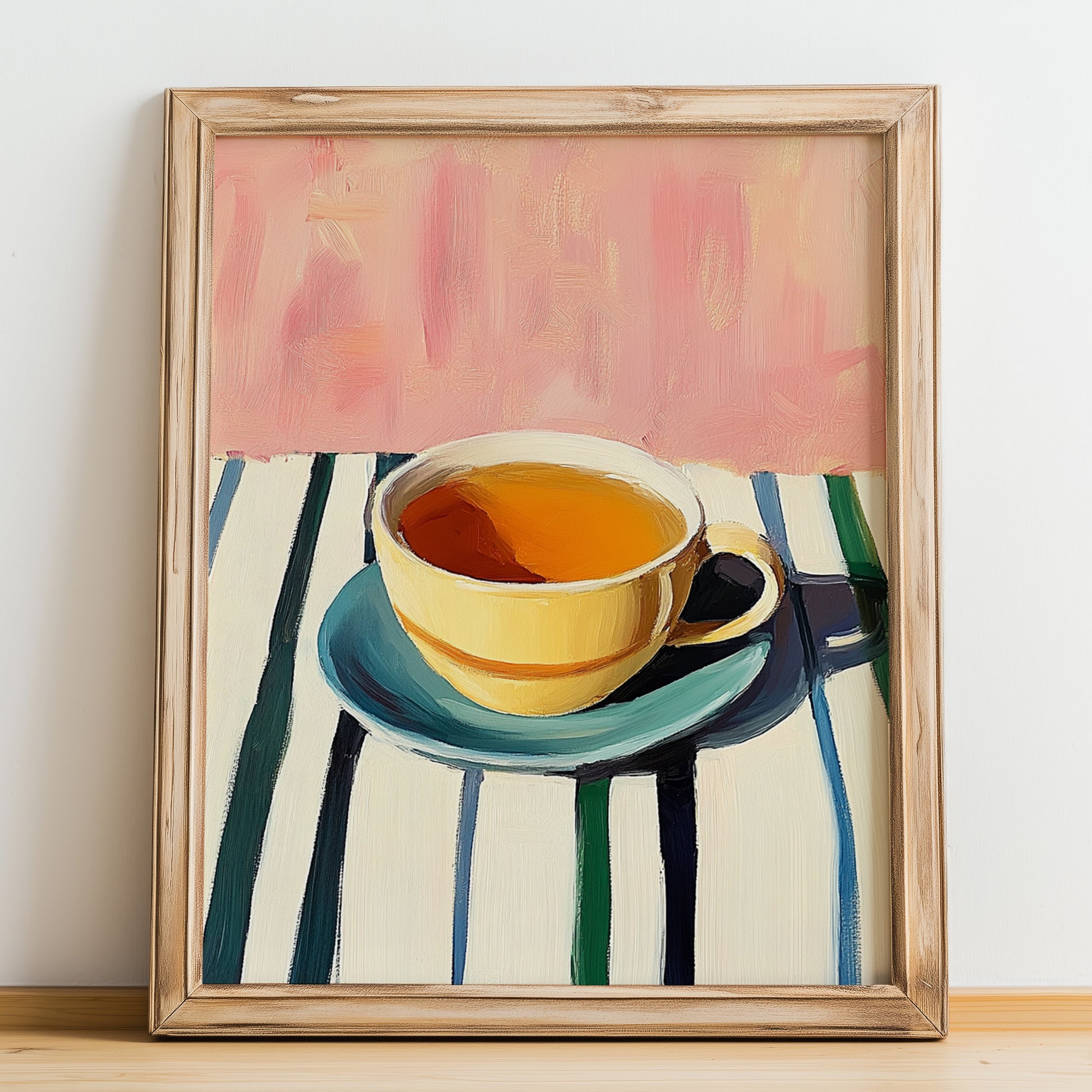 Tsai Tou Vounou Beverage – on Striped Tablecloth, Greek Beverage Still Life, no-text version framed in wood