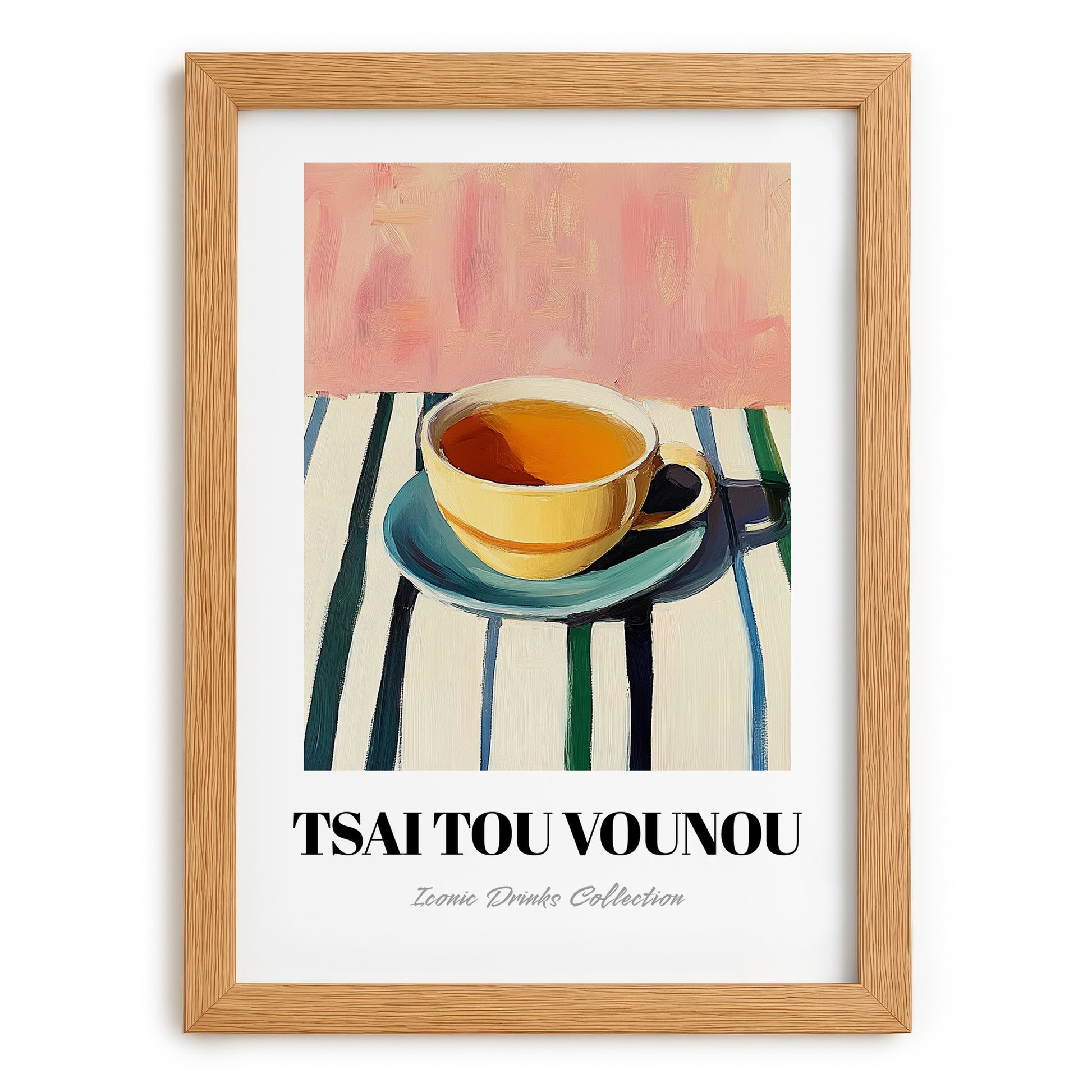 Tsai Tou Vounou Beverage – on Striped Tablecloth, Greek Beverage Still Life, set in oak frame