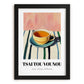 Tsai Tou Vounou Beverage – on Striped Tablecloth, Greek Beverage Still Life, in sleek black frame