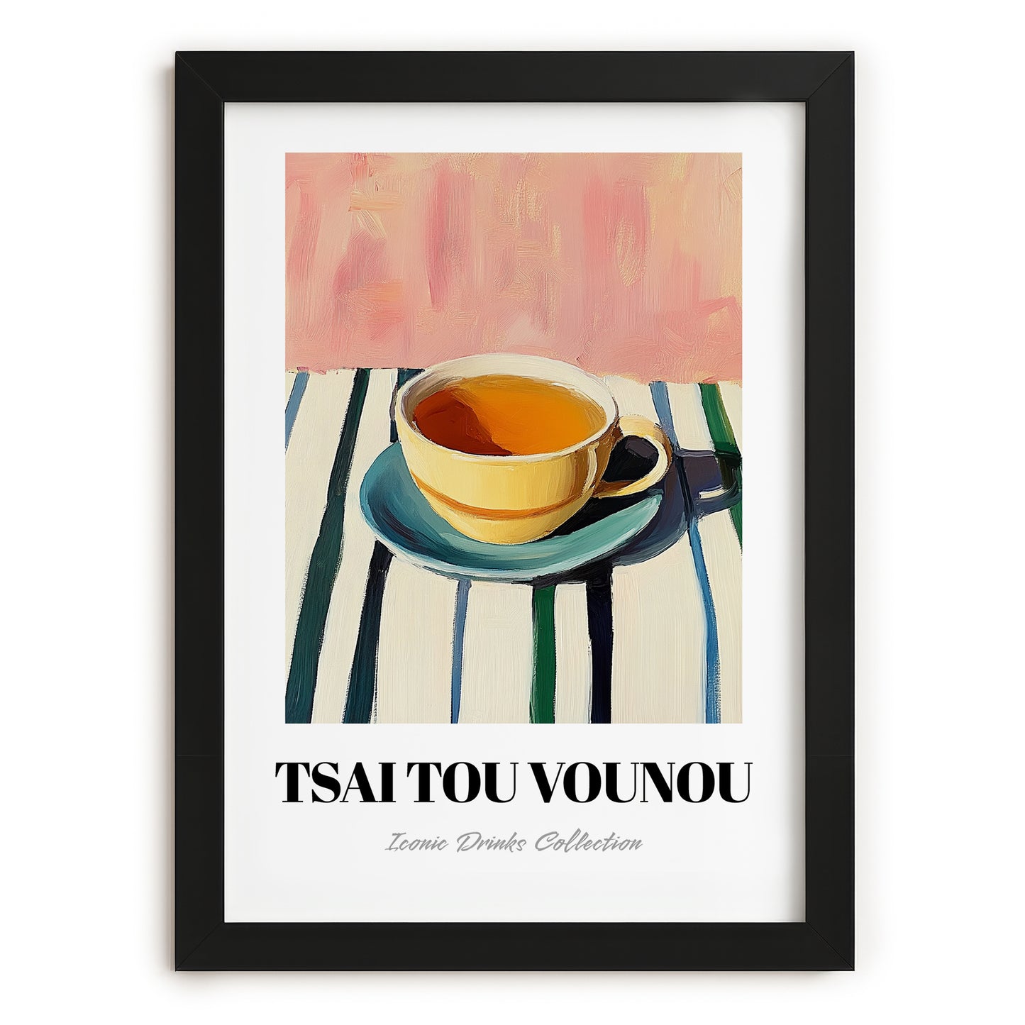 Tsai Tou Vounou Beverage – on Striped Tablecloth, Greek Beverage Still Life, in sleek black frame