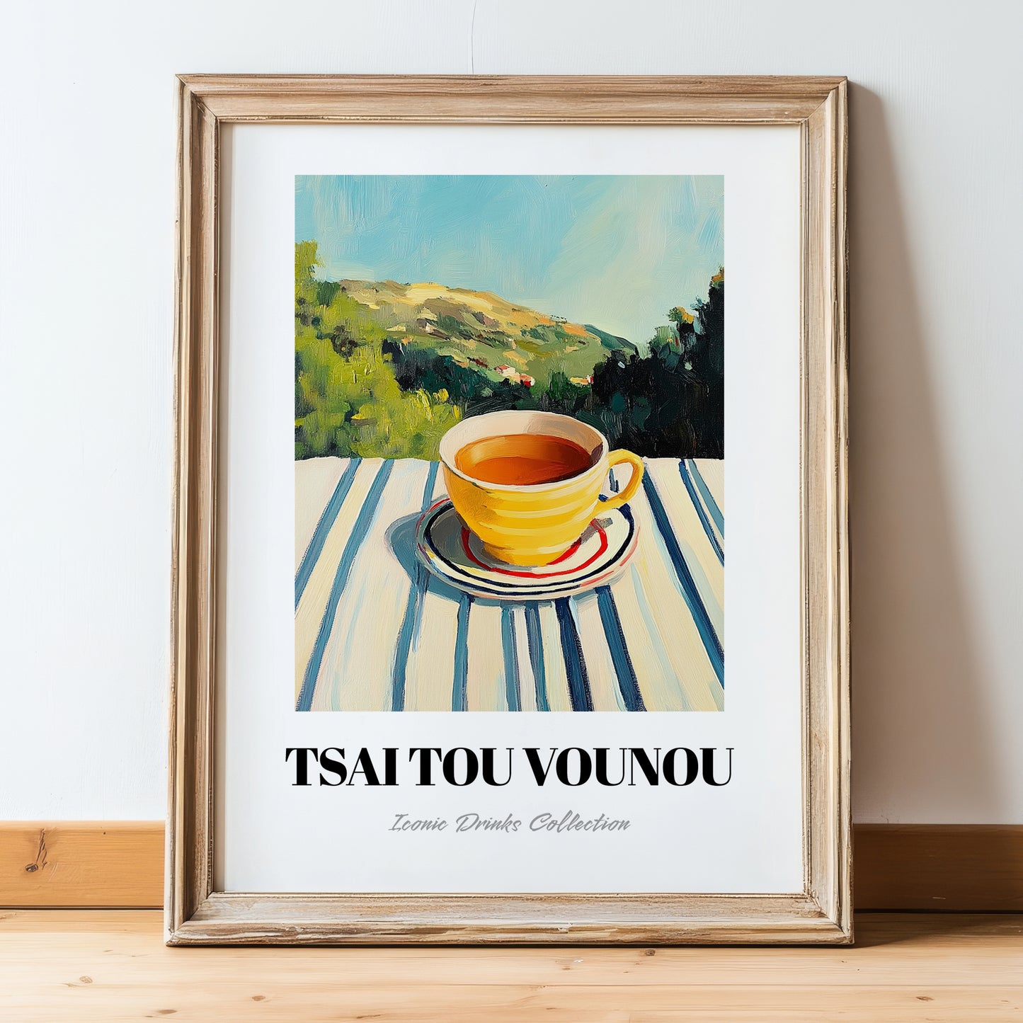 Tsai Tou Vounou Beverage – Greek Hilltop Café Scene, Greek Coffee Poster, in wooden frame leaning on the floor