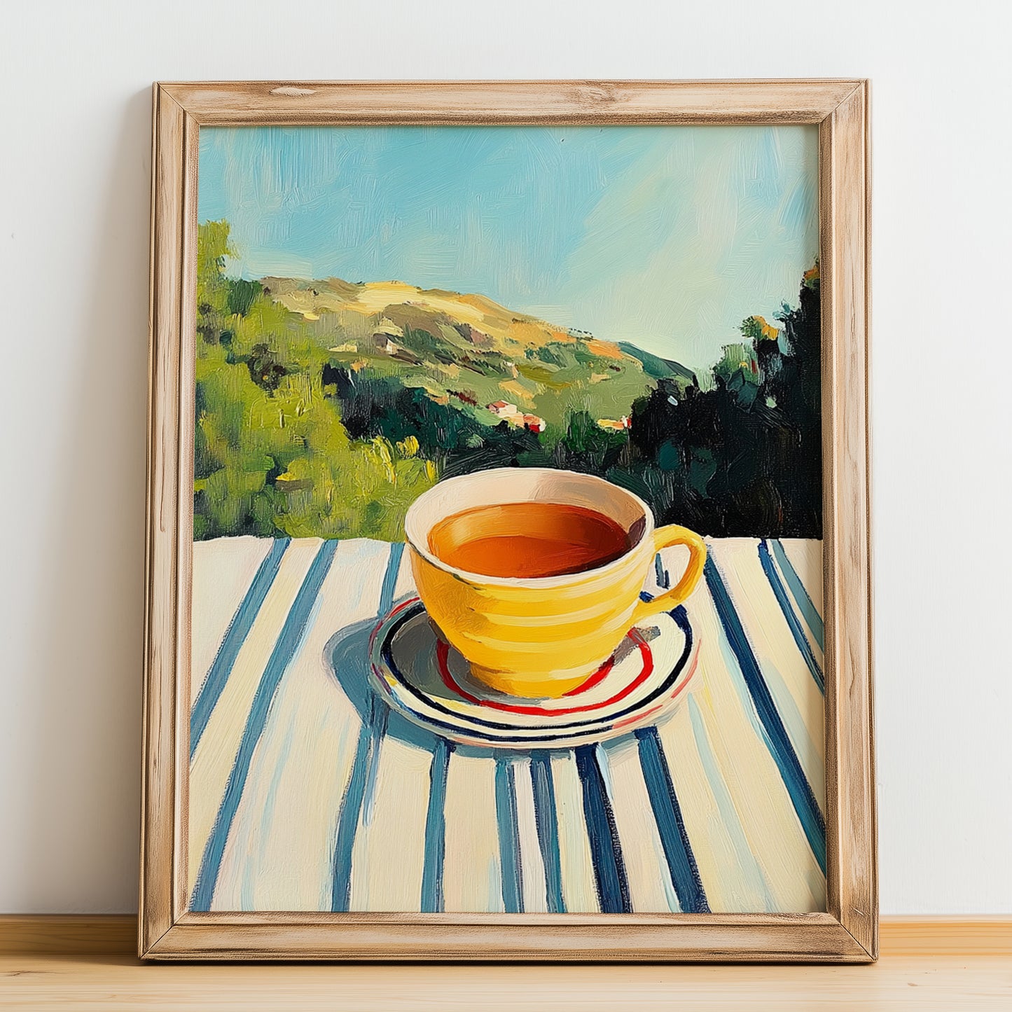 Tsai Tou Vounou Beverage – Greek Hilltop Café Scene, Greek Coffee Poster, no-text version framed in wood