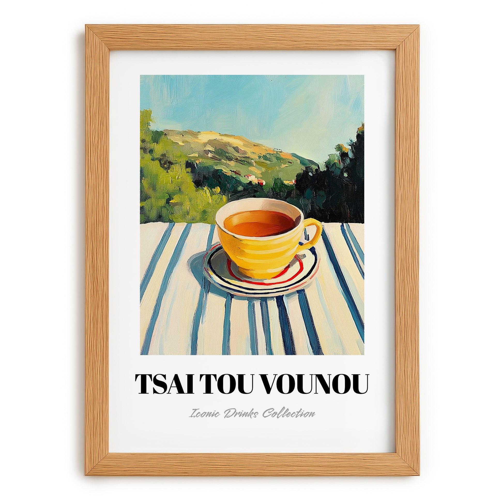 Tsai Tou Vounou Beverage – Greek Hilltop Café Scene, Greek Coffee Poster, set in oak frame