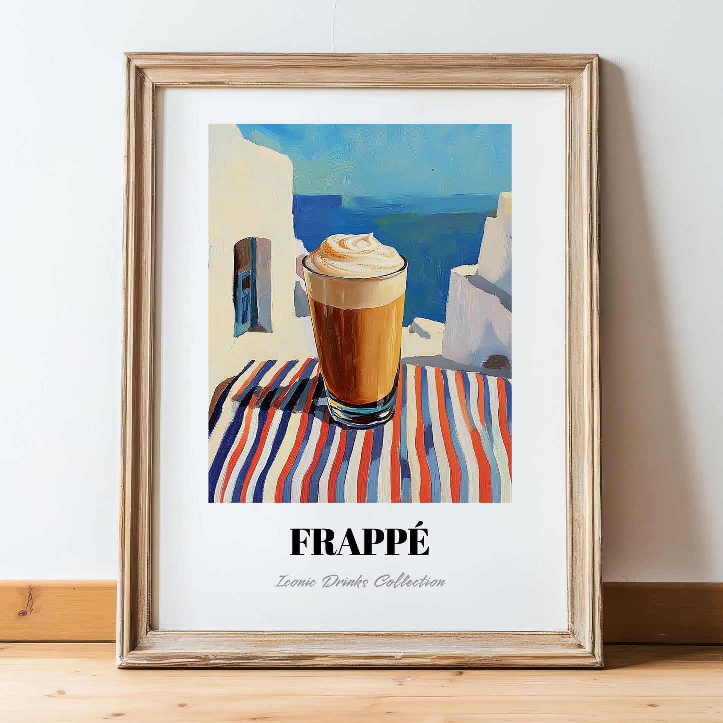 Frappé – Greek Coastal Table, Greek Coffee Illustration, in wooden frame leaning on the floor