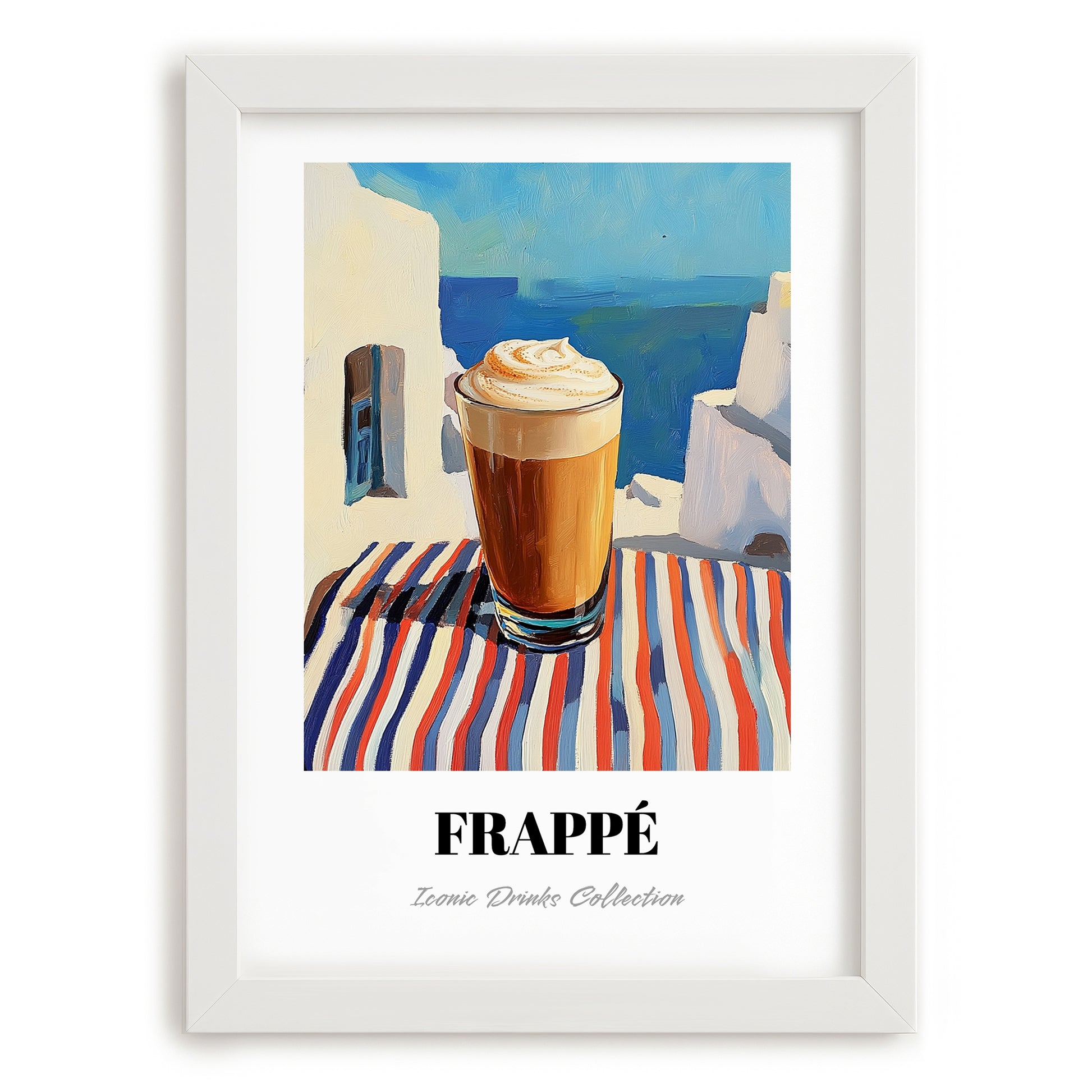Frappé – Greek Coastal Table, Greek Coffee Illustration, placed in minimal white frame